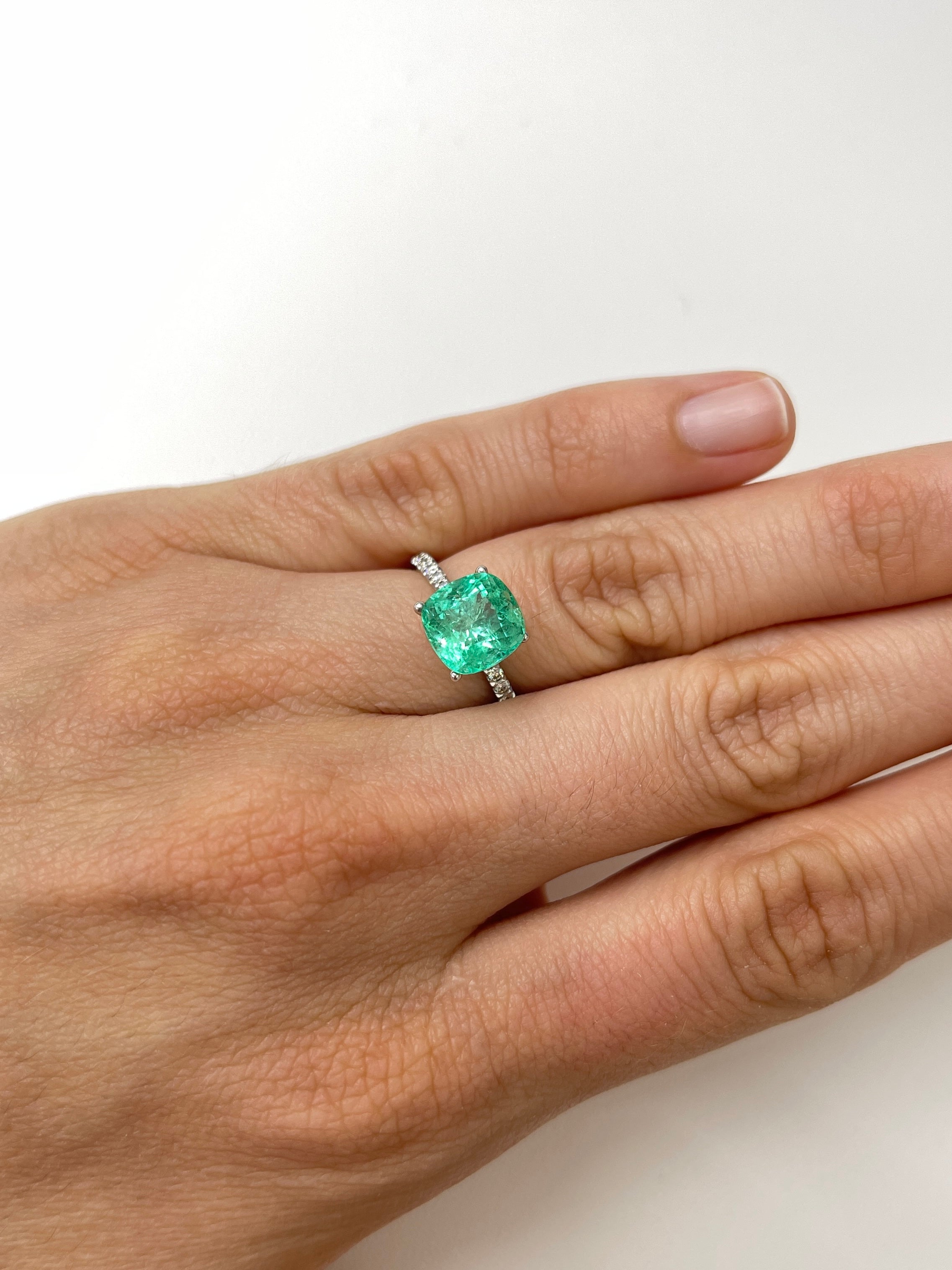 3.01 Carat 9x9 Lustrous Bluish Green Natural Loose Colombian Emerald-Cushion Cut - JR Colombian Emeralds