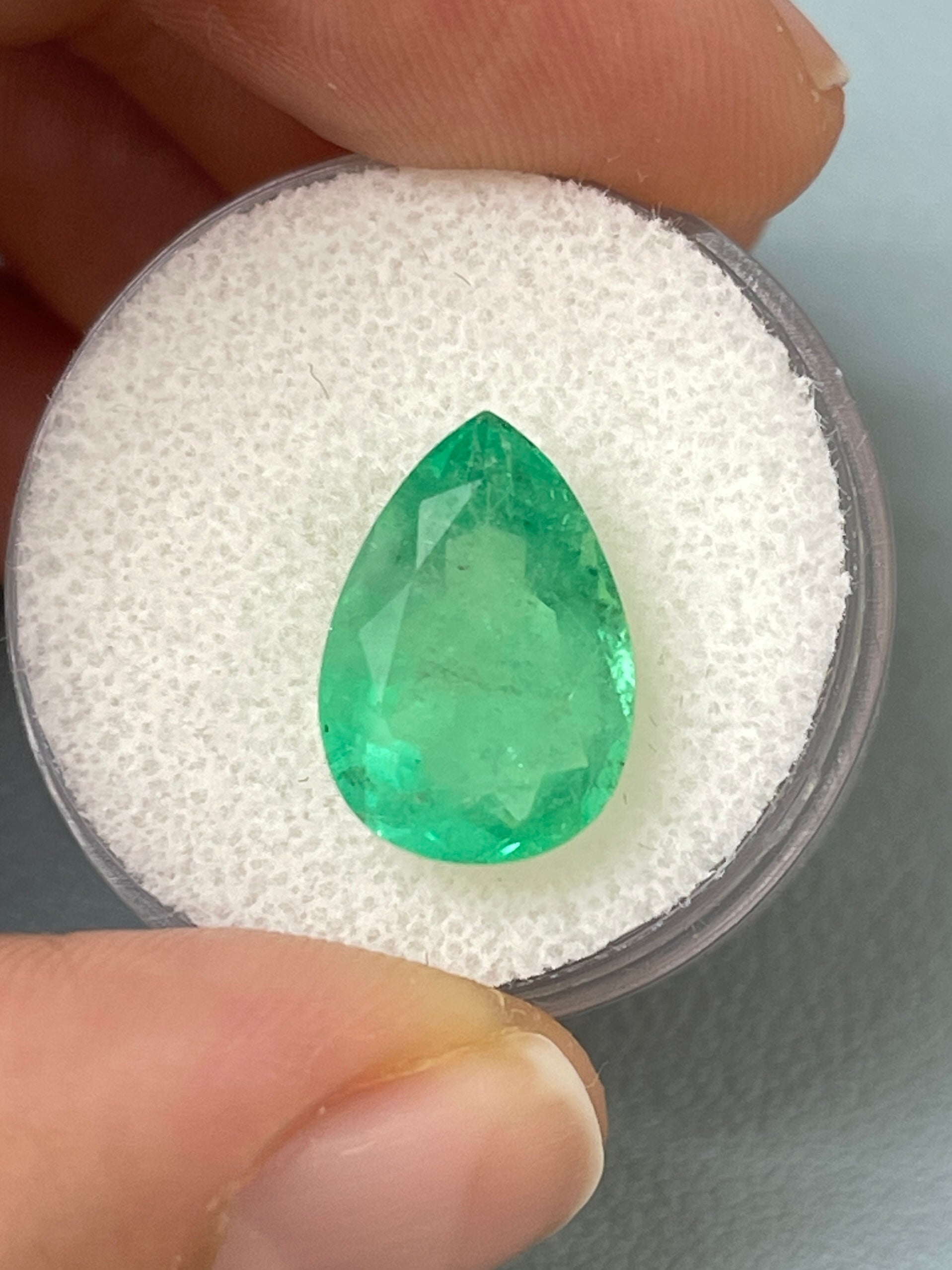 5.21 carat 14x10 Pastel Limish Green Natural Loose Colombian Emerald-Pear Cut - JR Colombian Emeralds