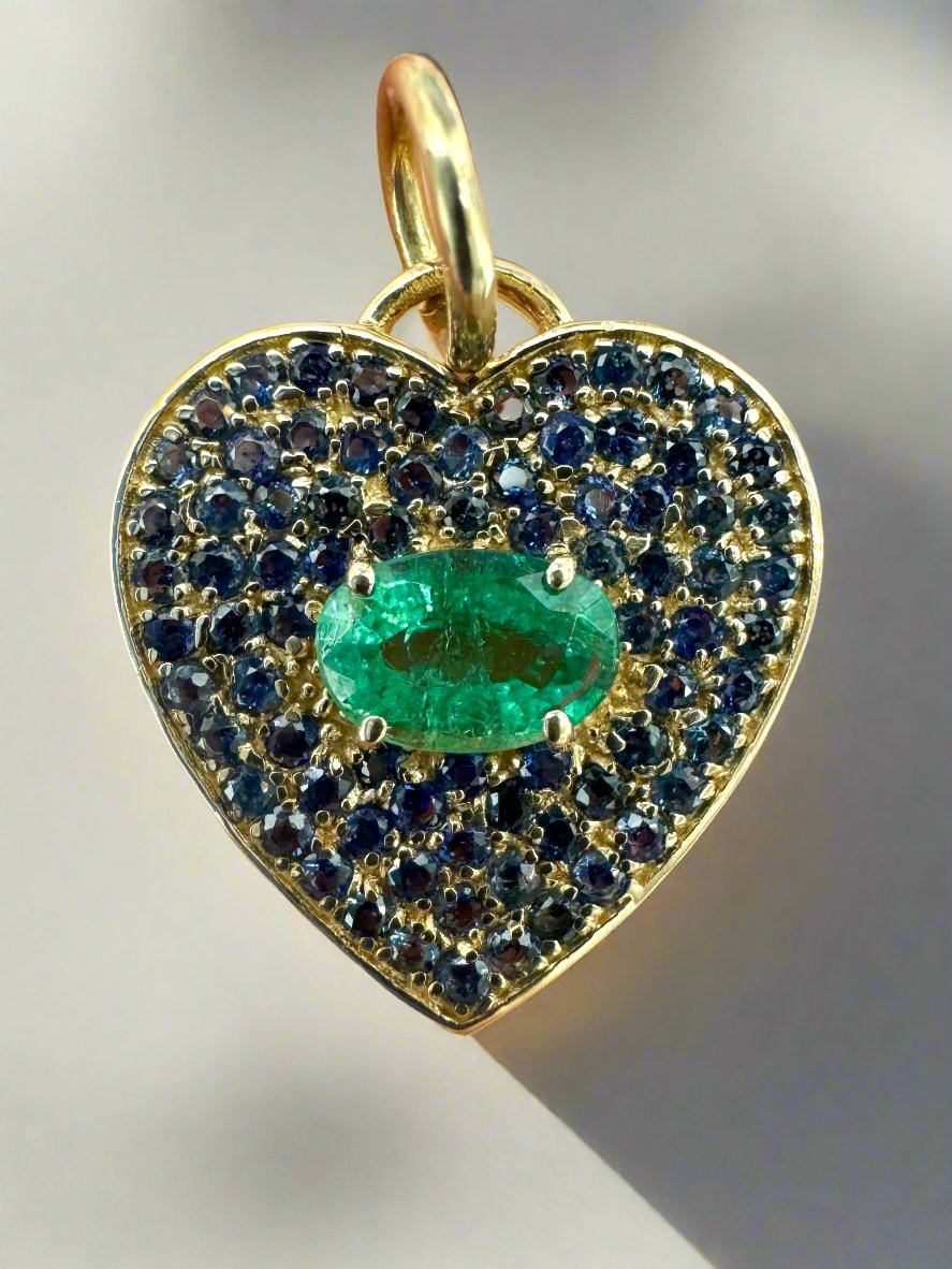 1.10tcw Emerald & Blue Sapphire Heart Charm 14K