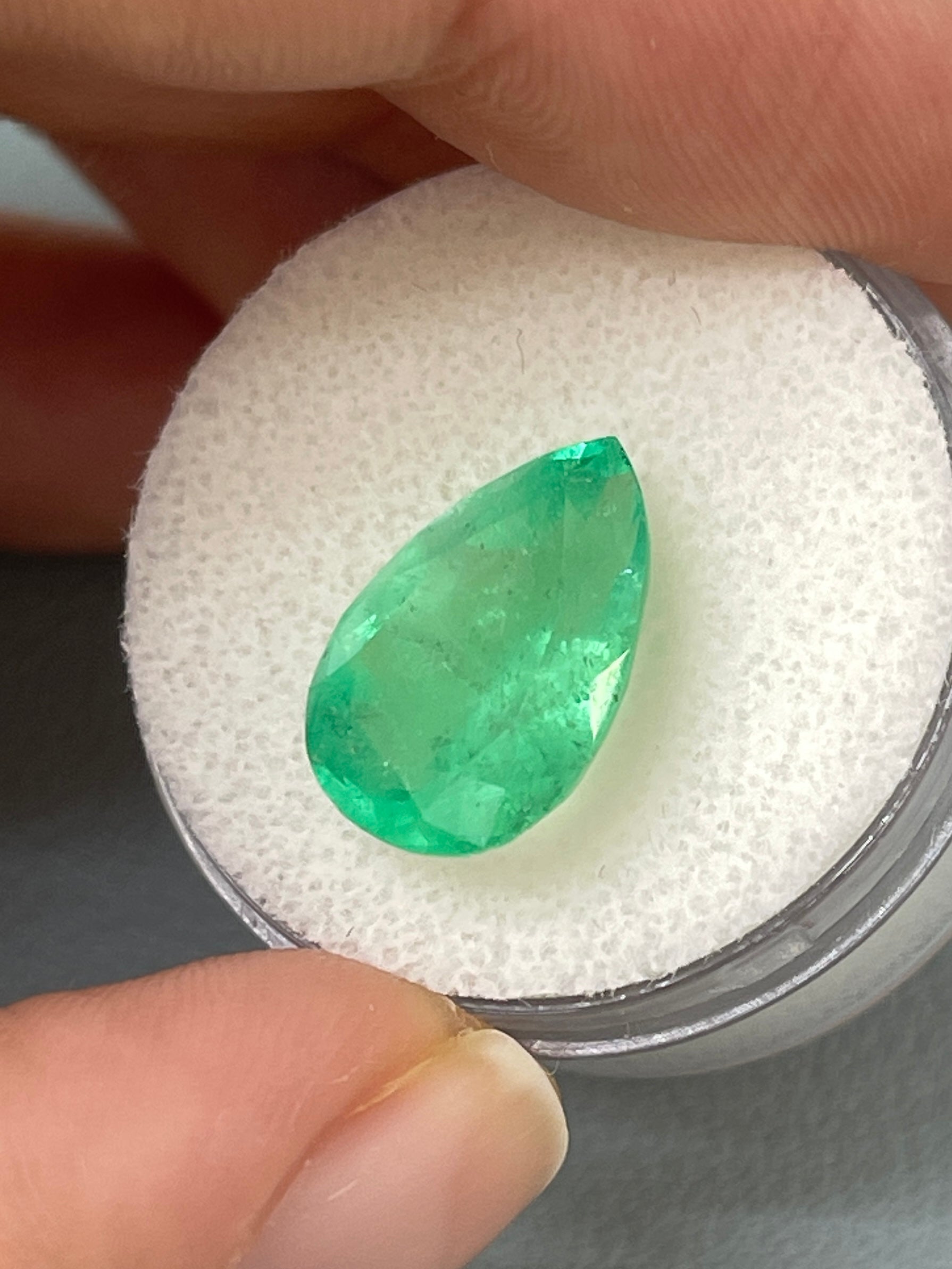 5.21 carat 14x10 Pastel Limish Green Natural Loose Colombian Emerald-Pear Cut - JR Colombian Emeralds