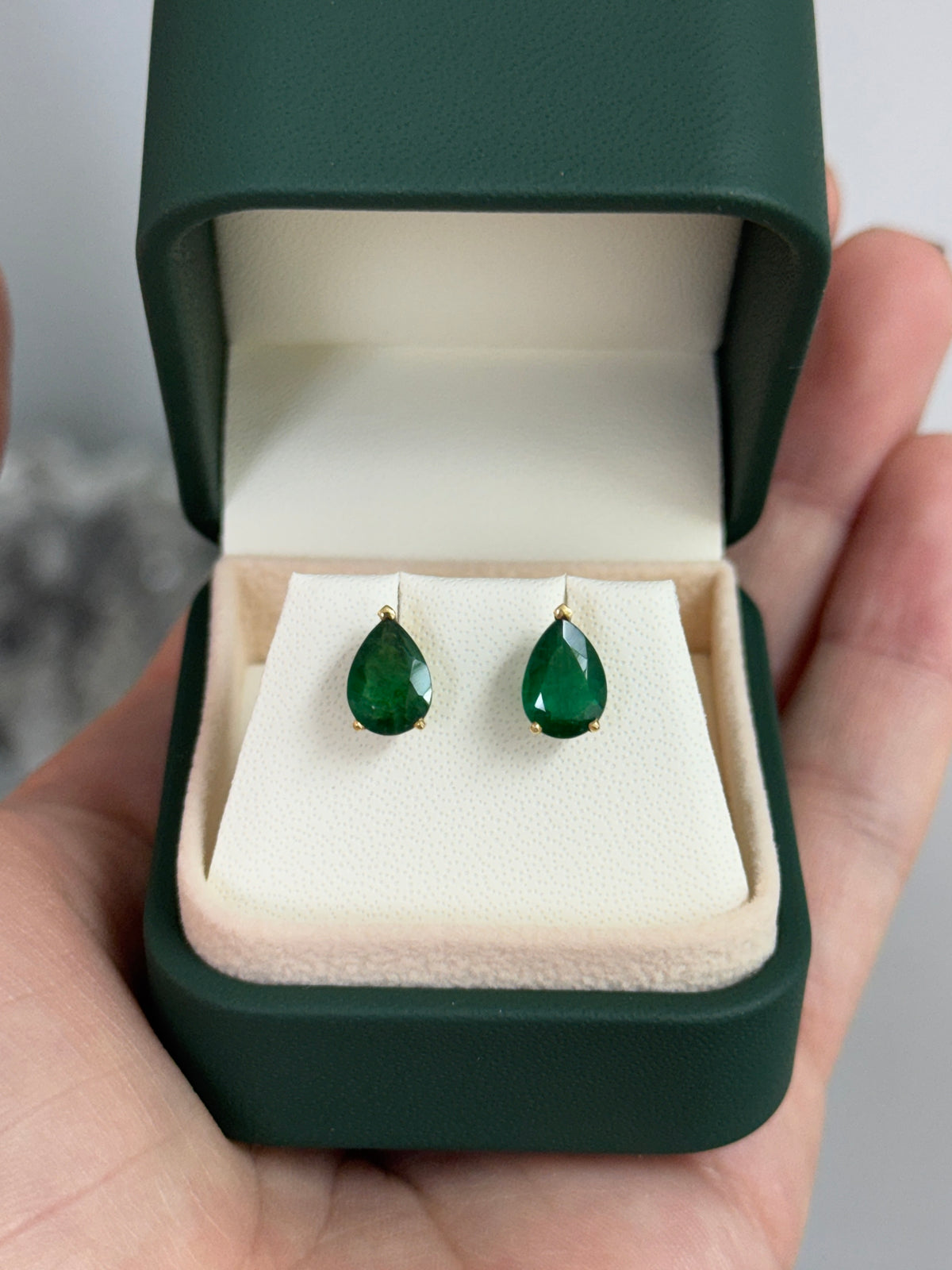 2.15tcw Dark Green Pear Emerald Three Prong Stud Earrings 18K