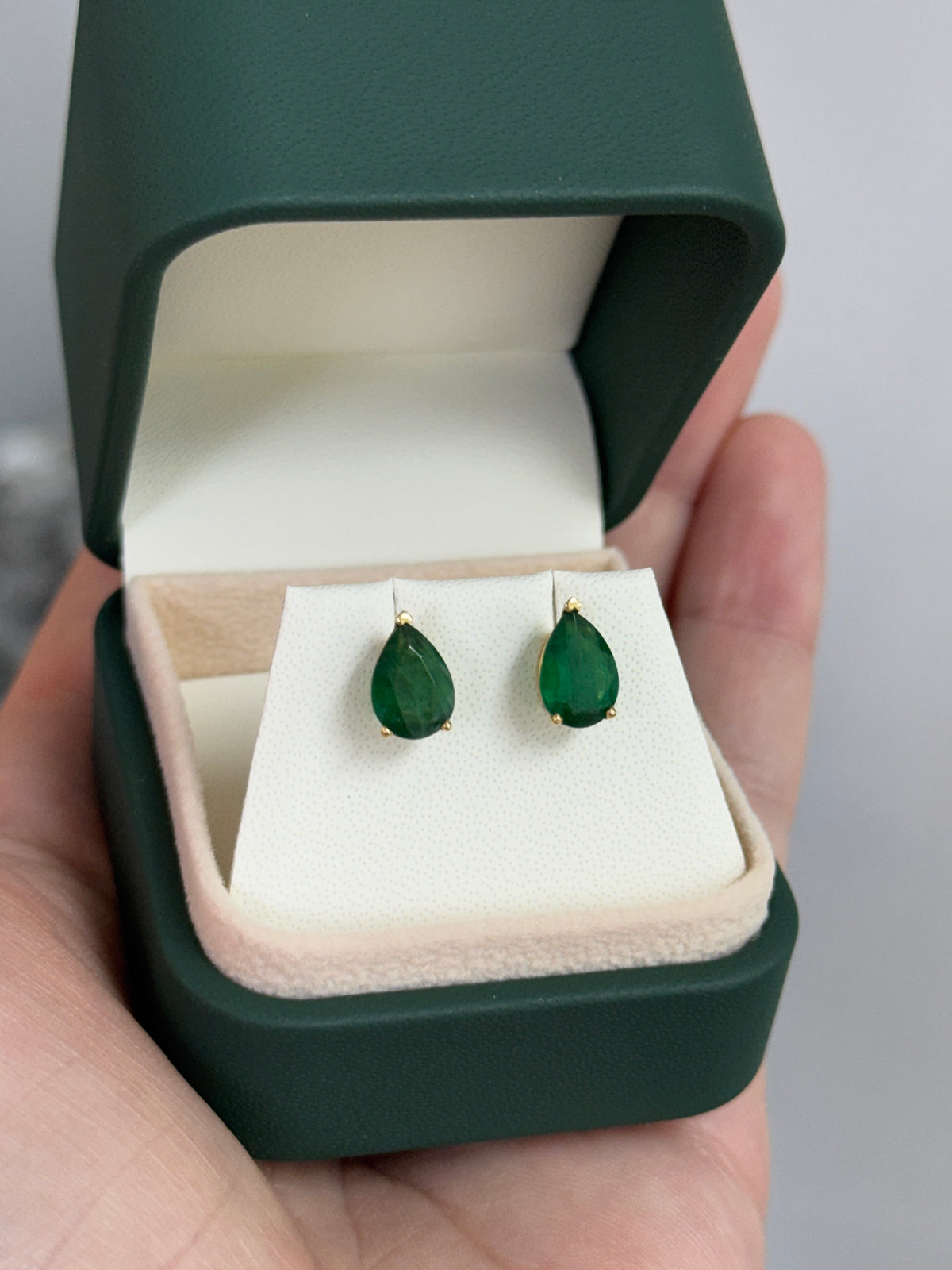 2.15tcw Dark Green Pear Emerald Three Prong Stud Earrings 18K