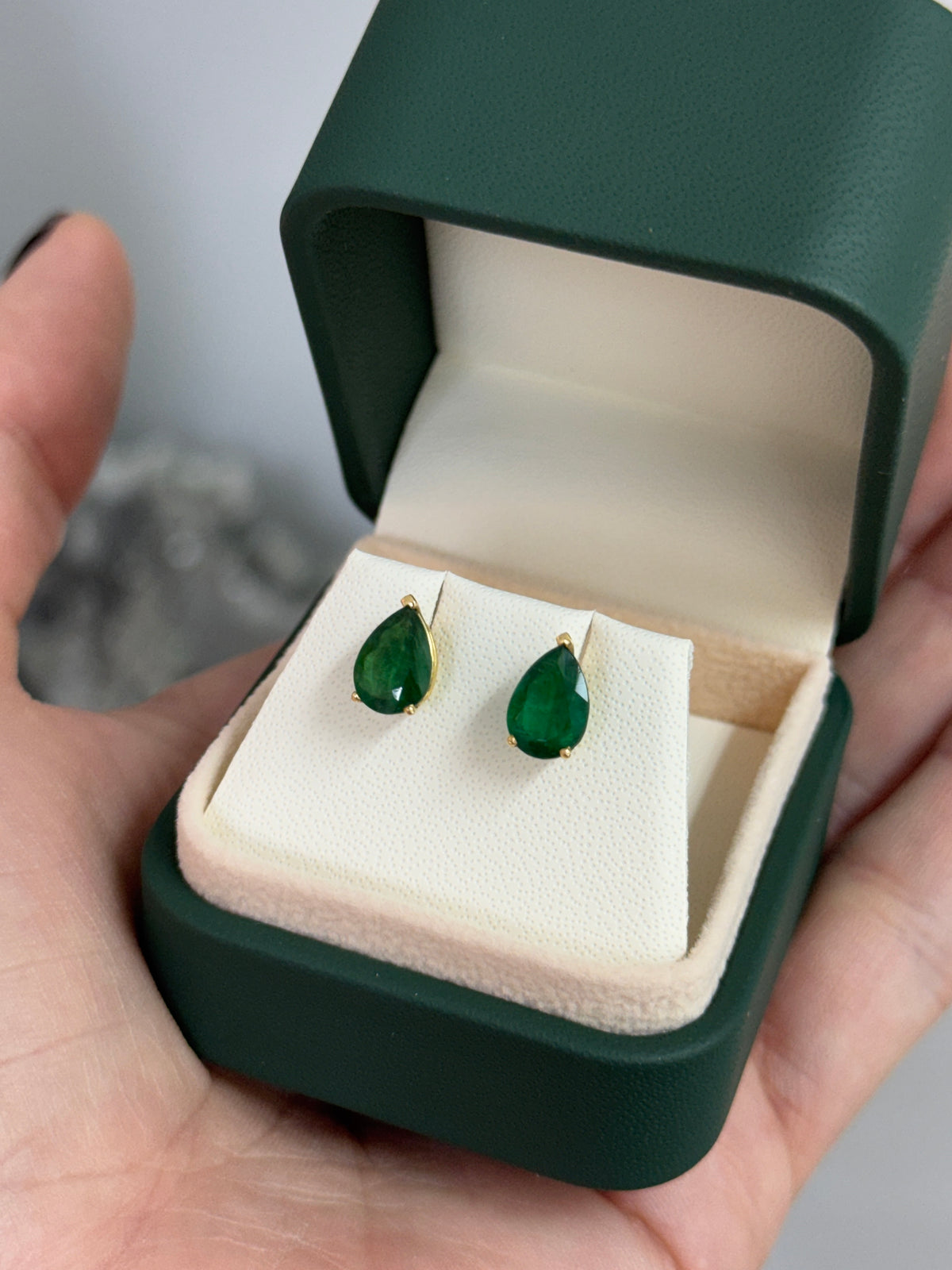 2.15tcw Dark Green Pear Emerald Three Prong Stud Earrings 18K