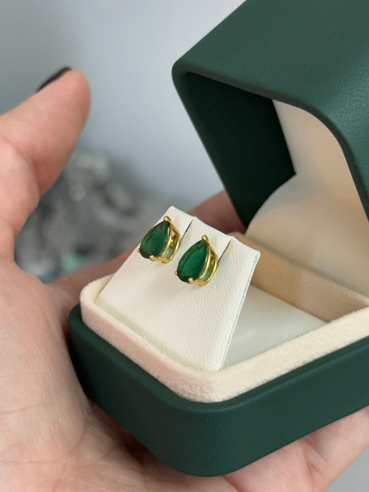 2.15tcw Dark Green Pear Emerald Three Prong Stud Earrings 18K
