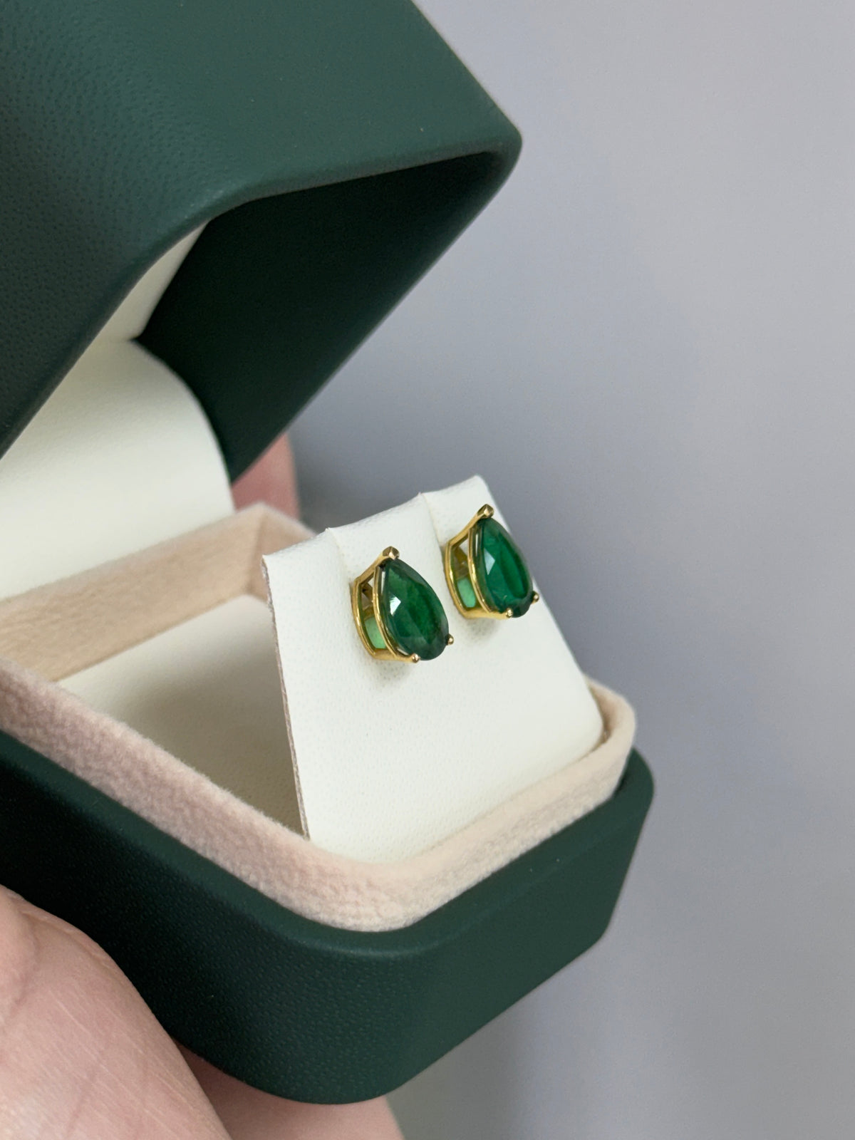 2.15tcw Dark Green Pear Emerald Three Prong Stud Earrings 18K