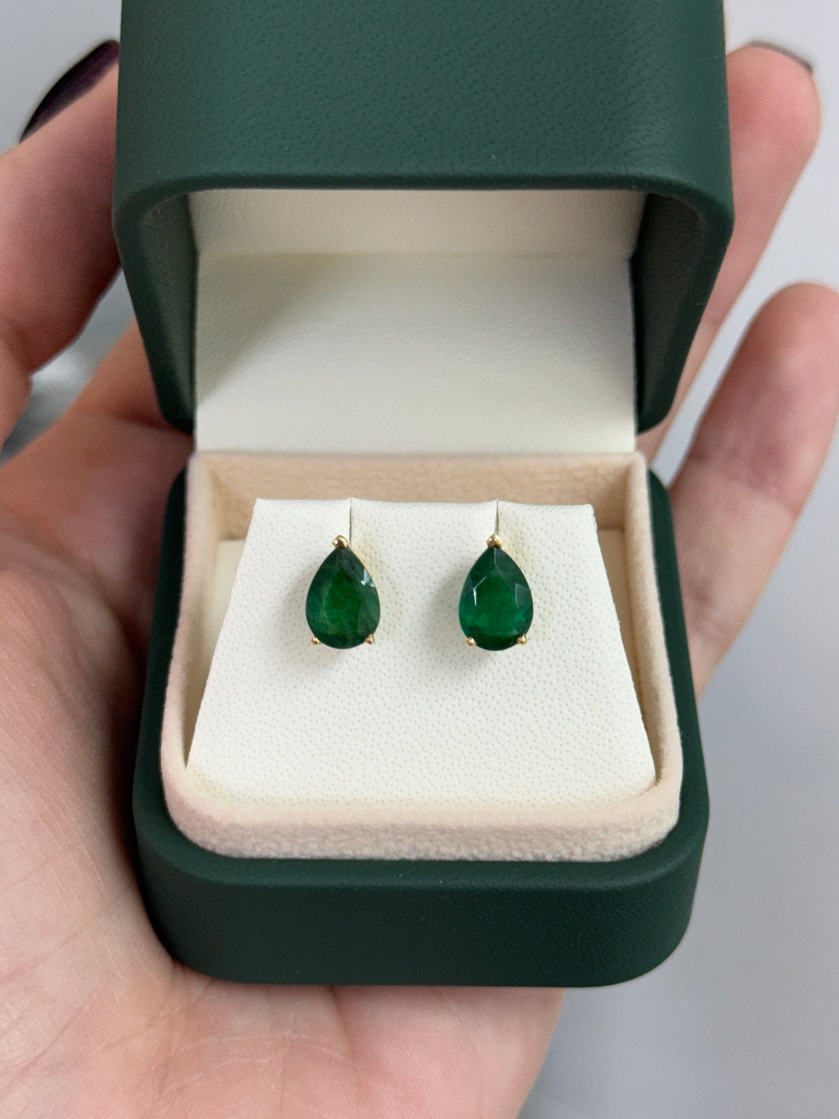 2.15tcw Dark Green Pear Emerald Three Prong Stud Earrings 18K