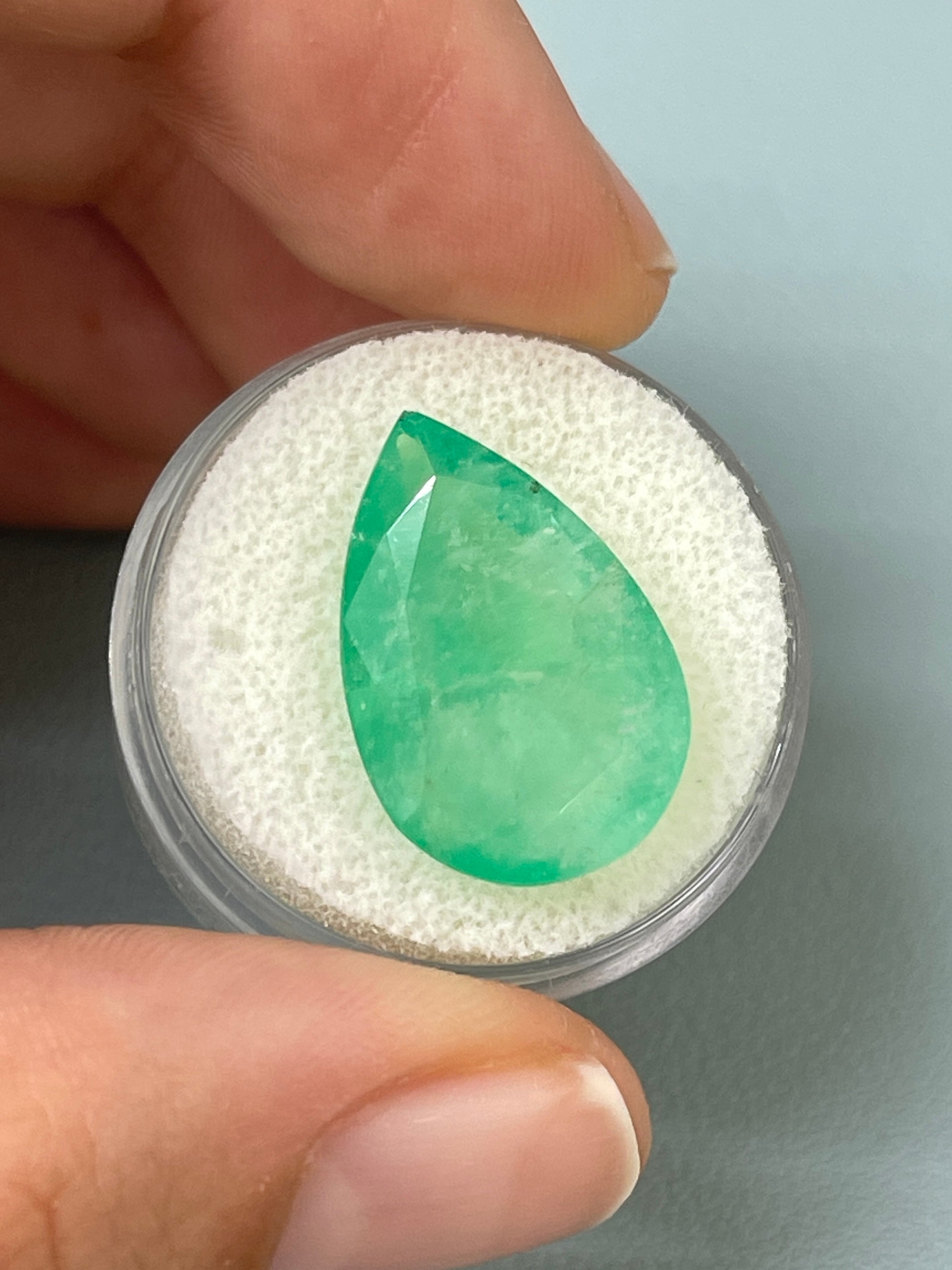 14.77 carat 21x14 Earthy Green Natural Loose Colombian Emerald-Pear Cut - JR Colombian Emeralds