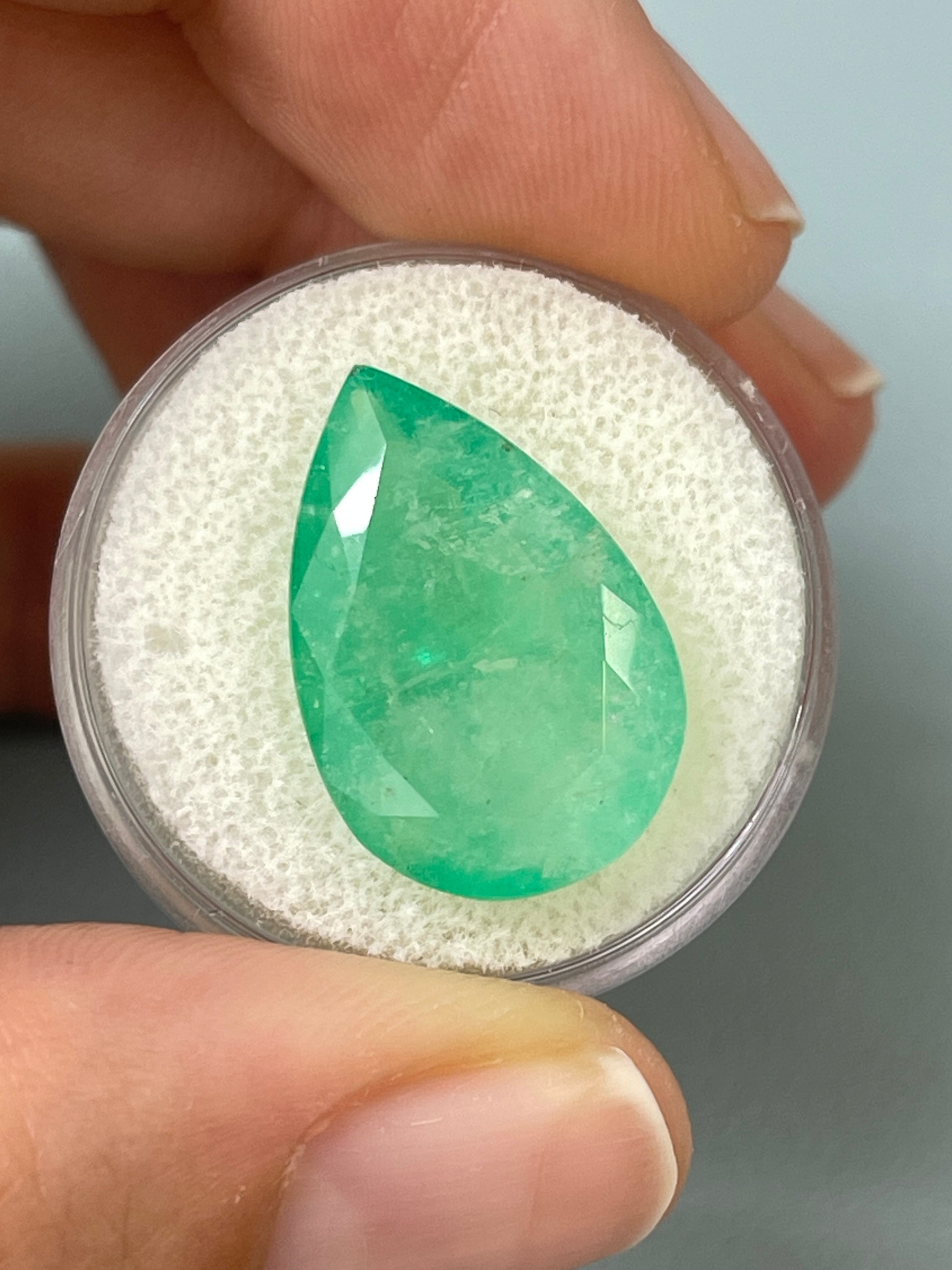 14.77 carat 21x14 Earthy Green Natural Loose Colombian Emerald-Pear Cut - JR Colombian Emeralds