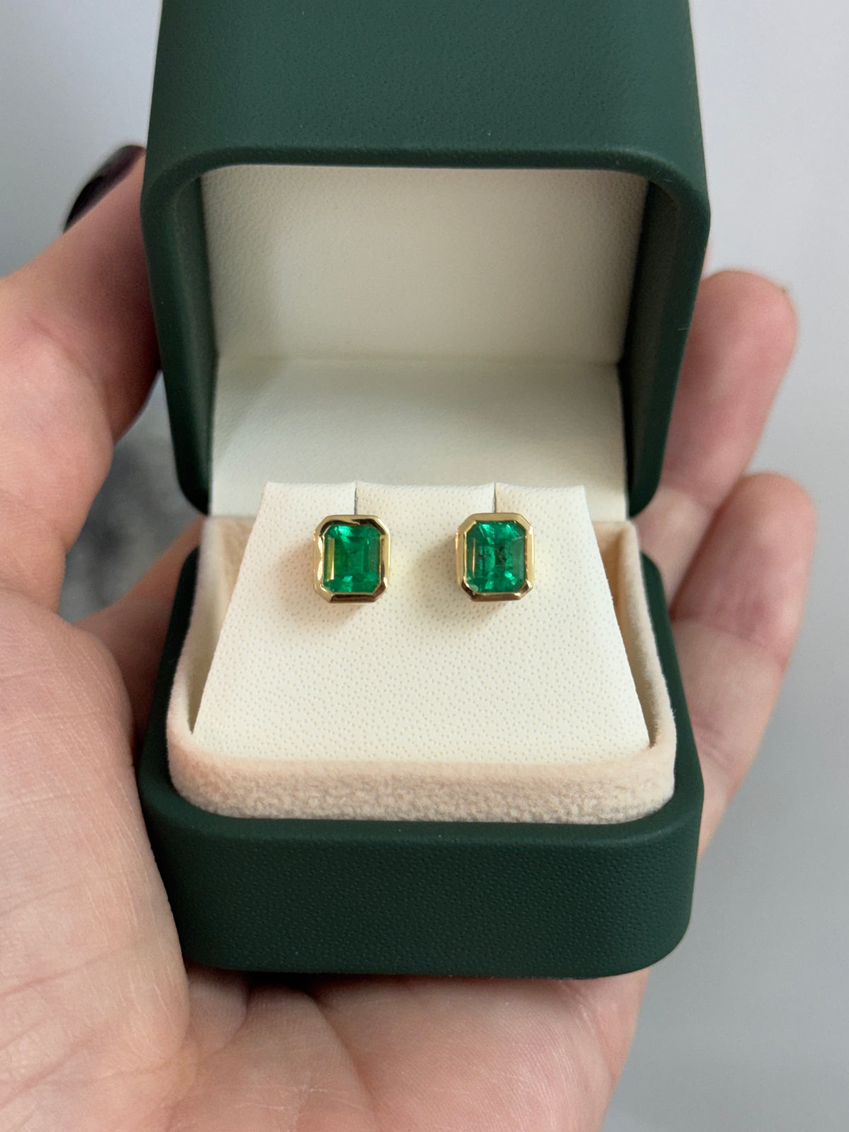 3.0tcw Colombian Emerald Bezel Set Studs 18K