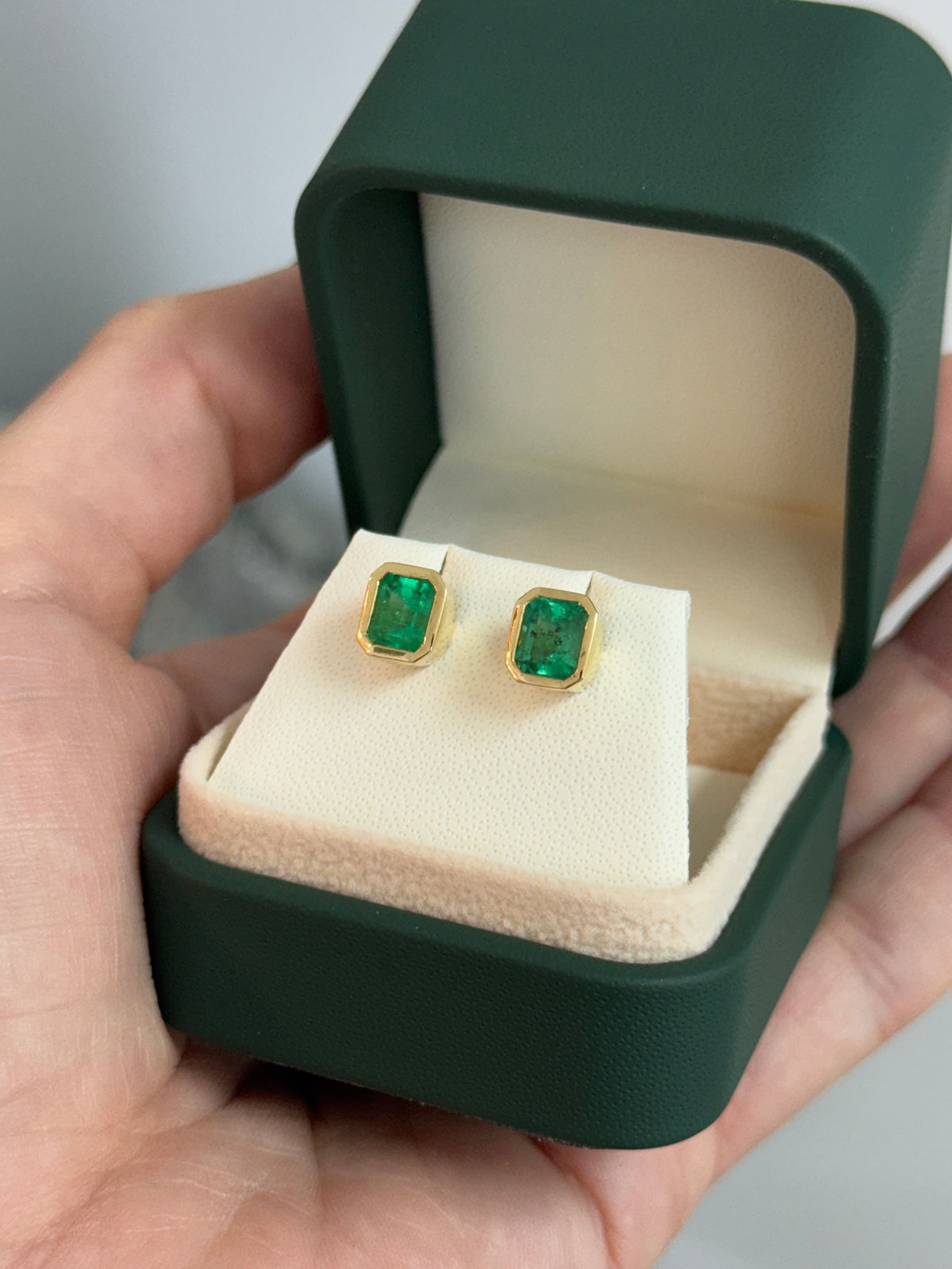 3.0tcw Colombian Emerald Bezel Set Studs 18K