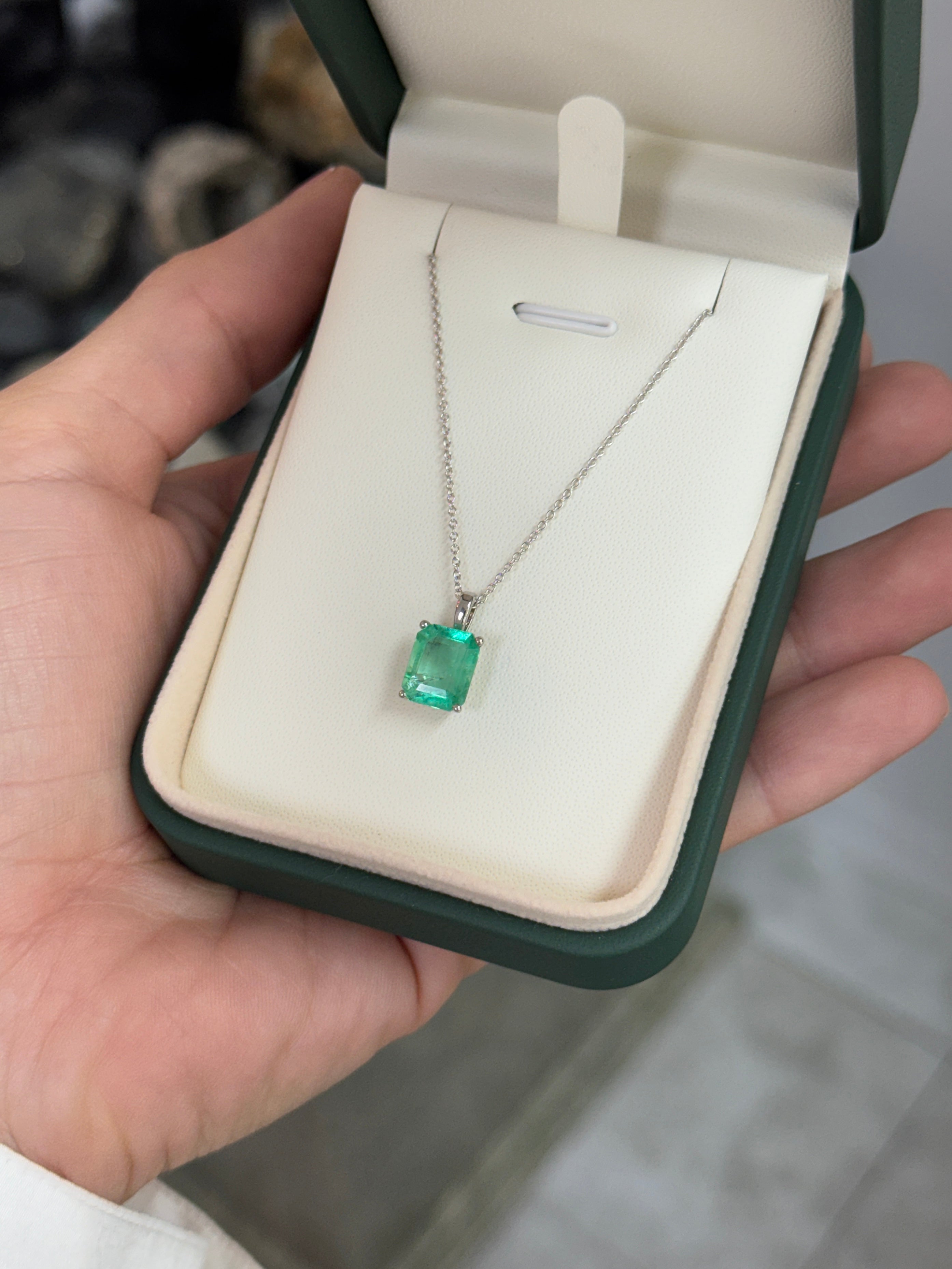 14K white gold Colombian emerald solitaire necklace featuring a 2.51-carat emerald gemstone, elegant jewelry by JR Colombian Emeralds