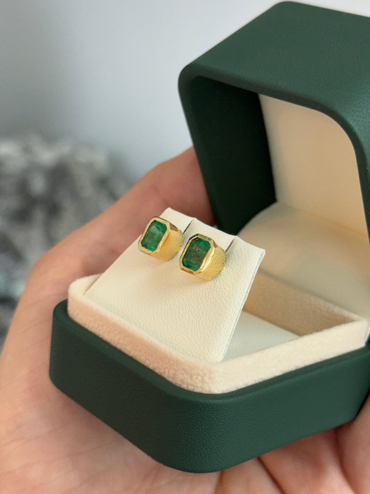 3.0tcw Colombian Emerald Bezel Set Studs 18K