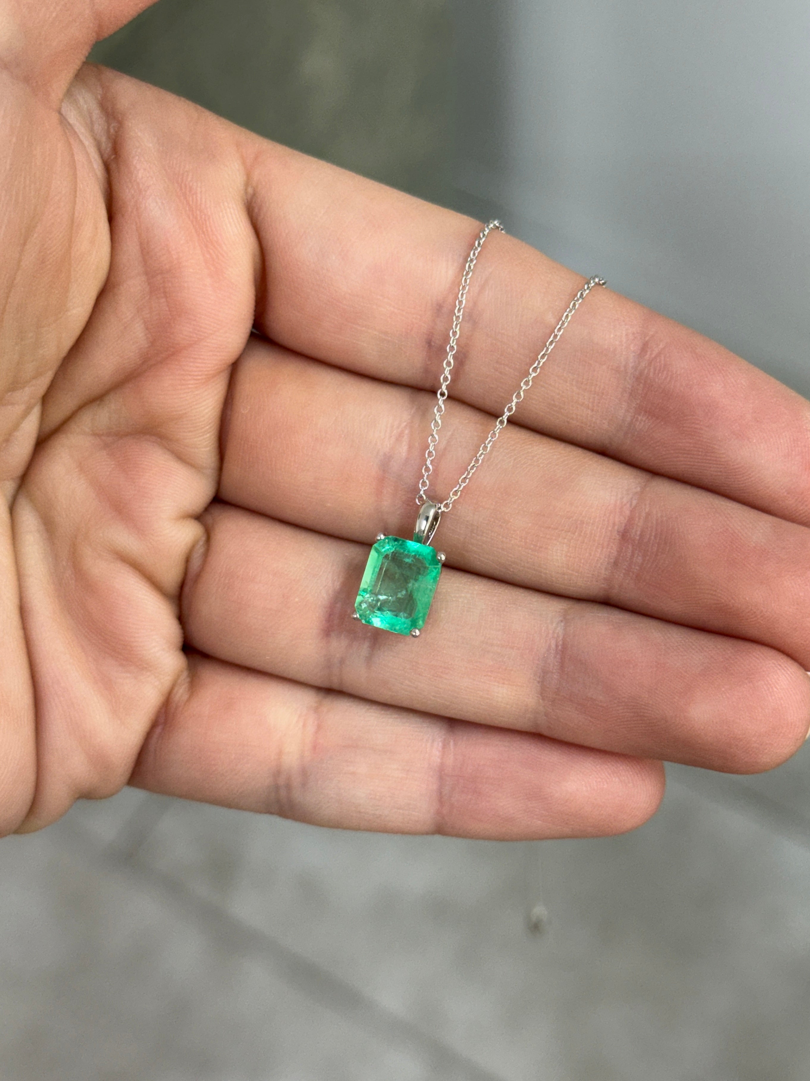 14K white gold Colombian emerald solitaire necklace featuring a 2.51 carat gemstone, elegant jewelry by JR Colombian Emeralds.