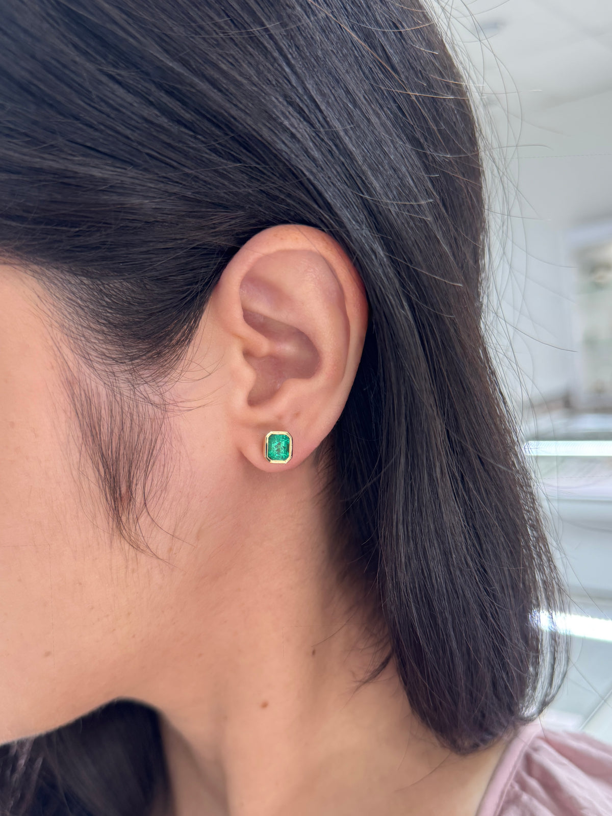 3.0tcw Colombian Emerald Bezel Set Studs 18K
