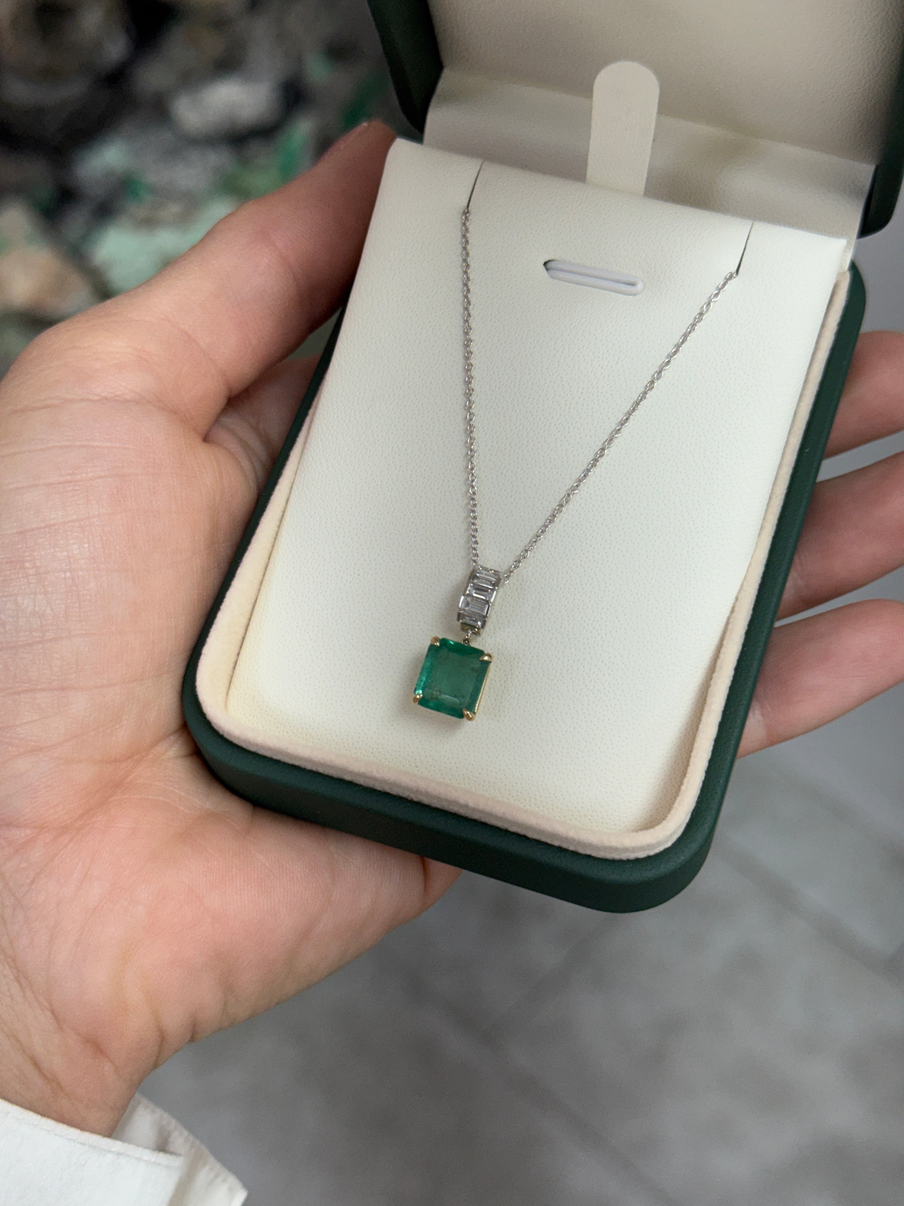 Asscher cut emerald and lab diamond baguette bail pendant in 14K gold, featuring 3.05tcw from JR Colombian Emeralds.