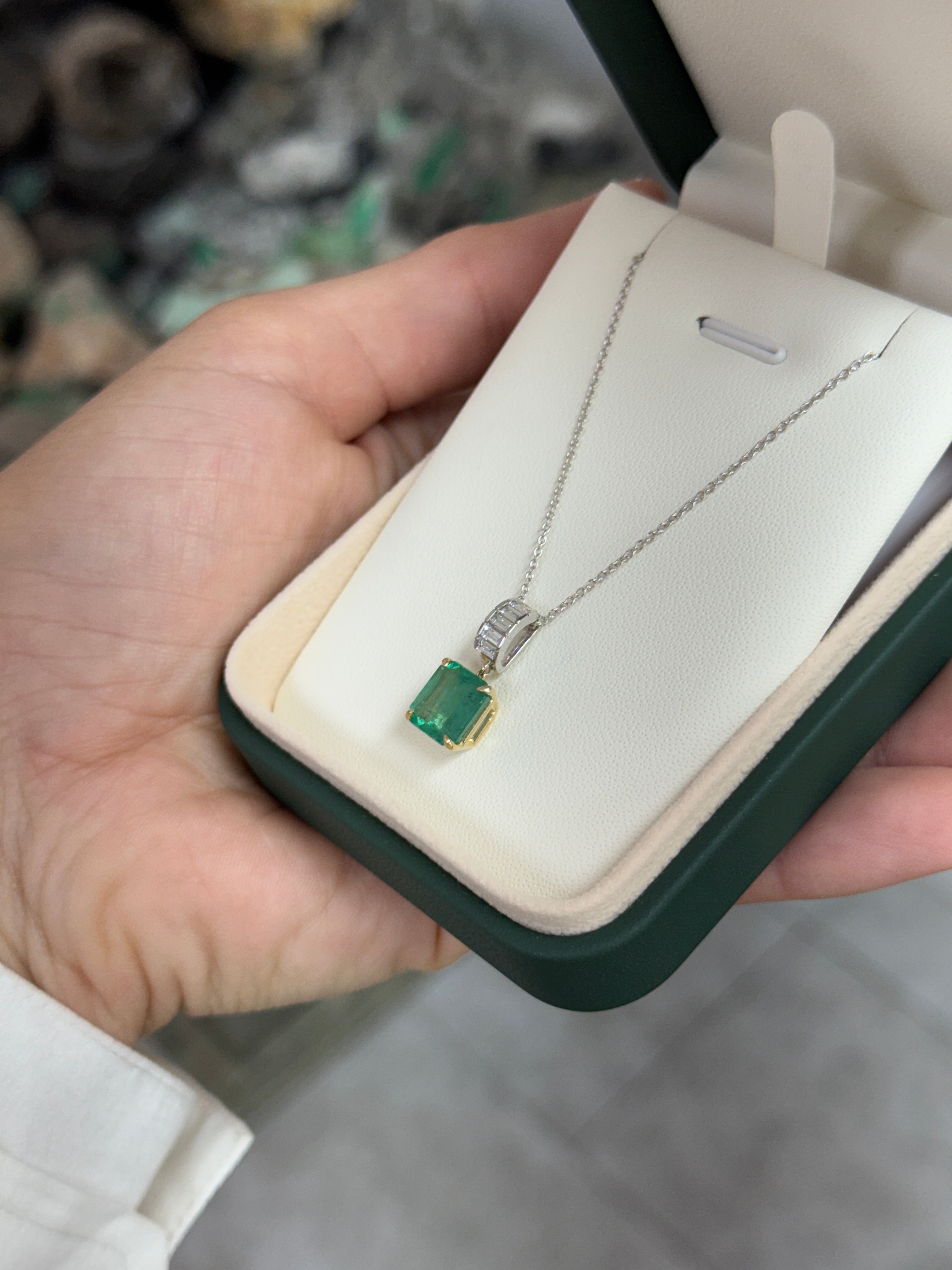 Asscher cut emerald and lab diamond baguette bail pendant in 14K gold by JR Colombian Emeralds, featuring sparkling gemstones.