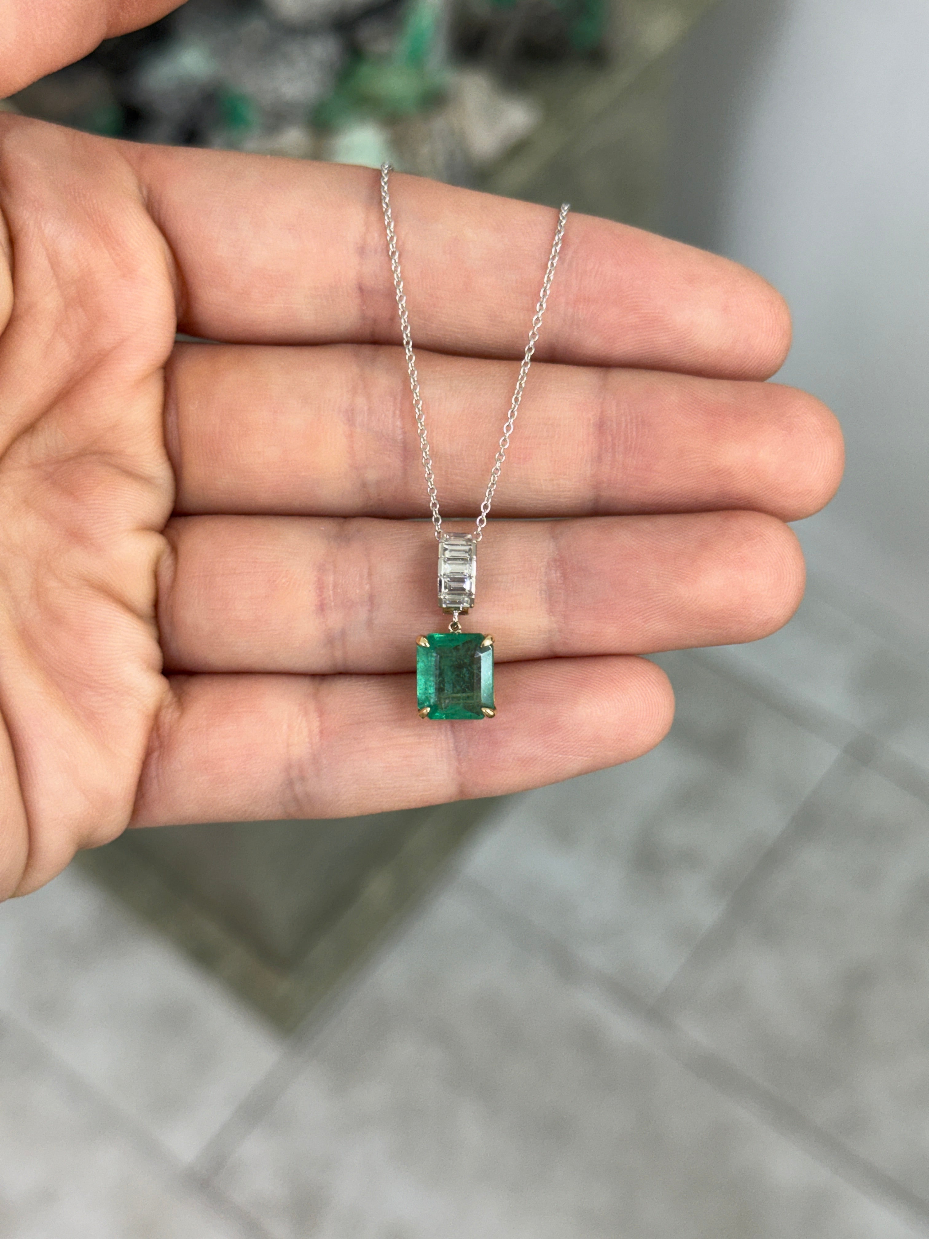 Asscher cut emerald and lab diamond baguette bail pendant on 14K gold, featuring a 3.05tcw JR Colombian Emeralds design.