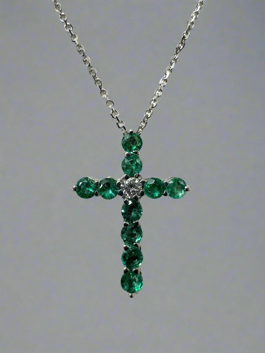 Petite Emerald & Diamond 14K White Gold Cross Necklace 16"