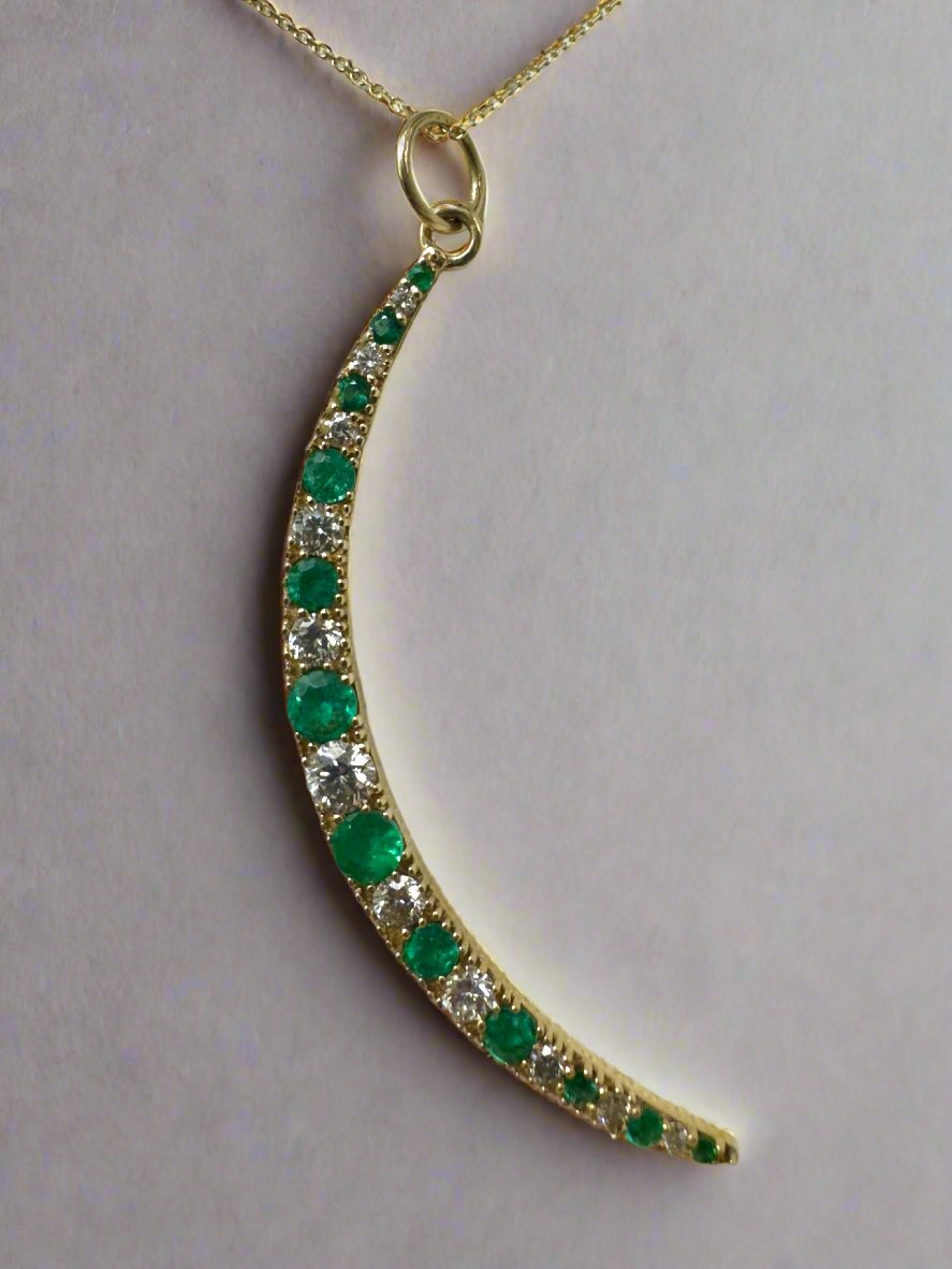 1.86tcw Emerald & Diamond Crescent Moon Pendant Charm 14K