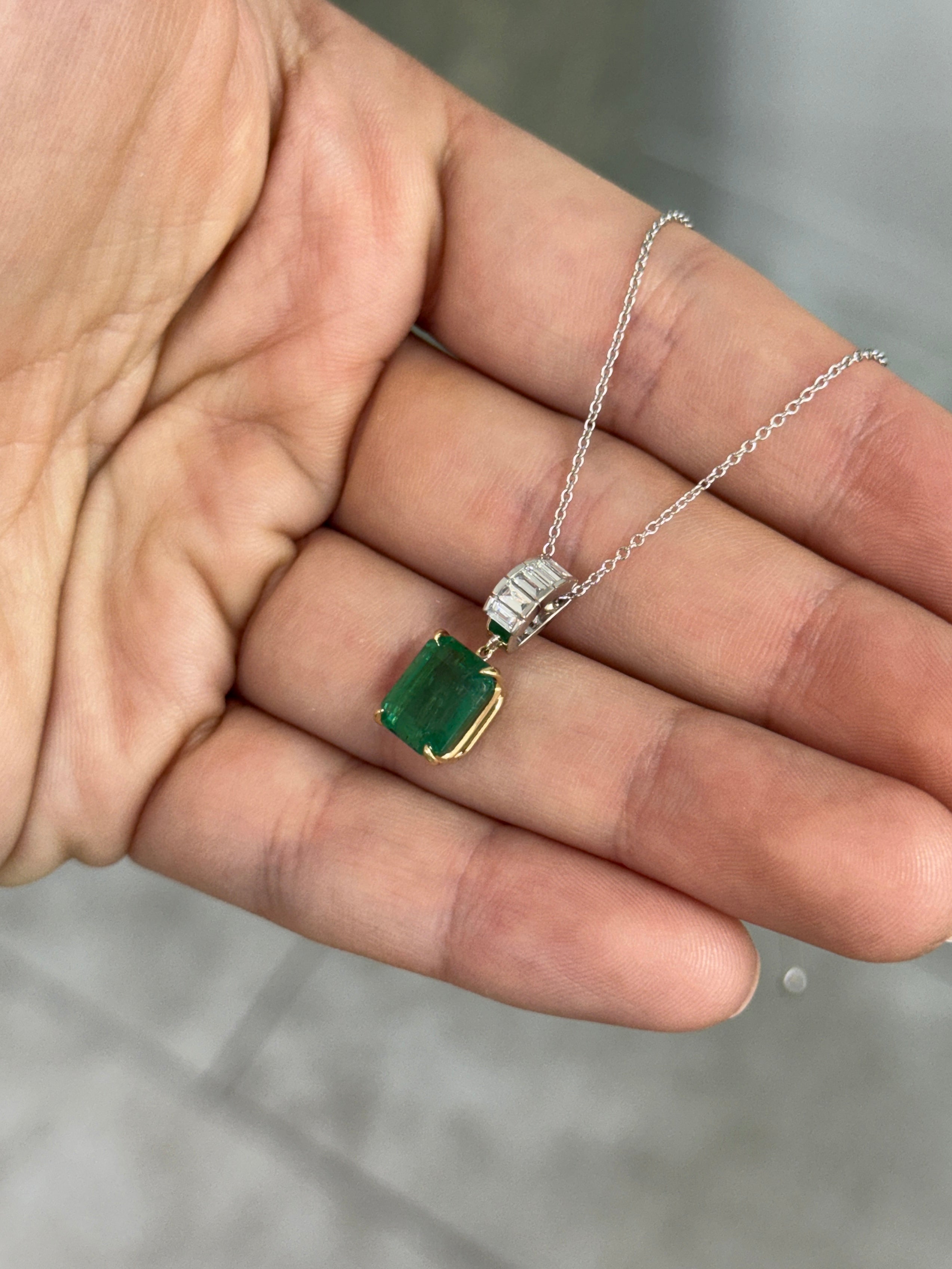Natural emerald and lab diamond baguette bail pendant in 14K gold featuring a 3.57 tcw classic design by JR Colombian Emeralds.