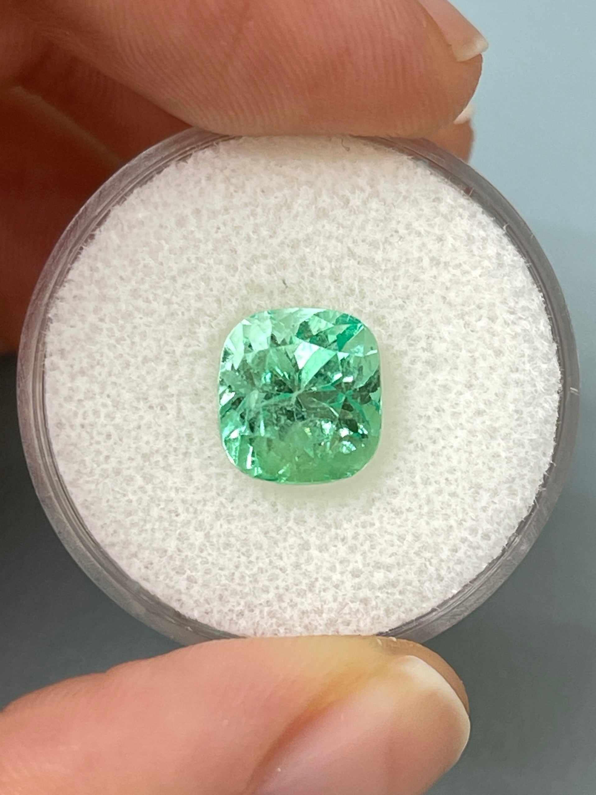 3.42 Carat Lustrous Light Yellowish Green Natural Loose Colombian Emerald-Cushion Cut - JR Colombian Emeralds