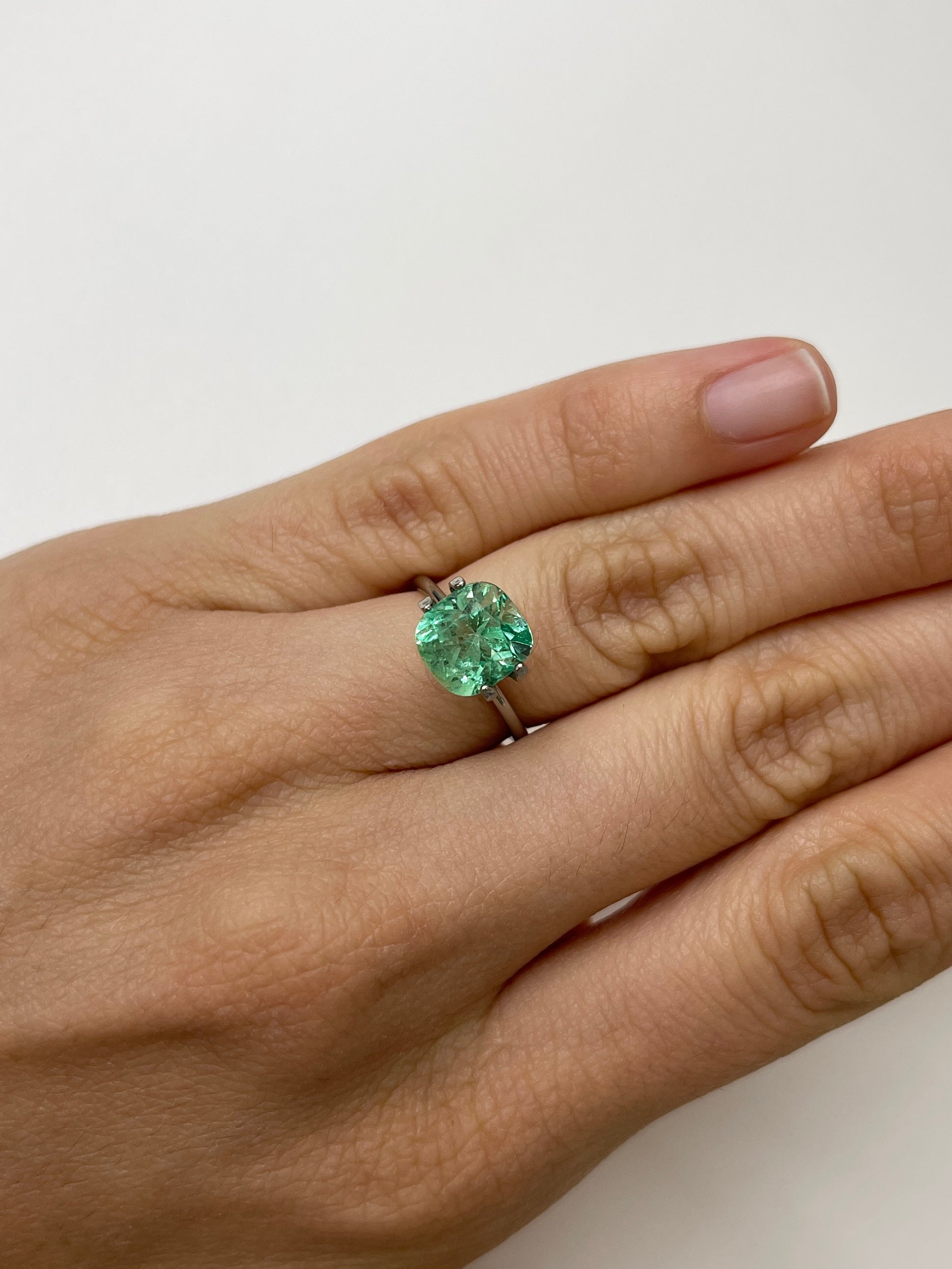 3.42 Carat Lustrous Light Yellowish Green Natural Loose Colombian Emerald-Cushion Cut - JR Colombian Emeralds