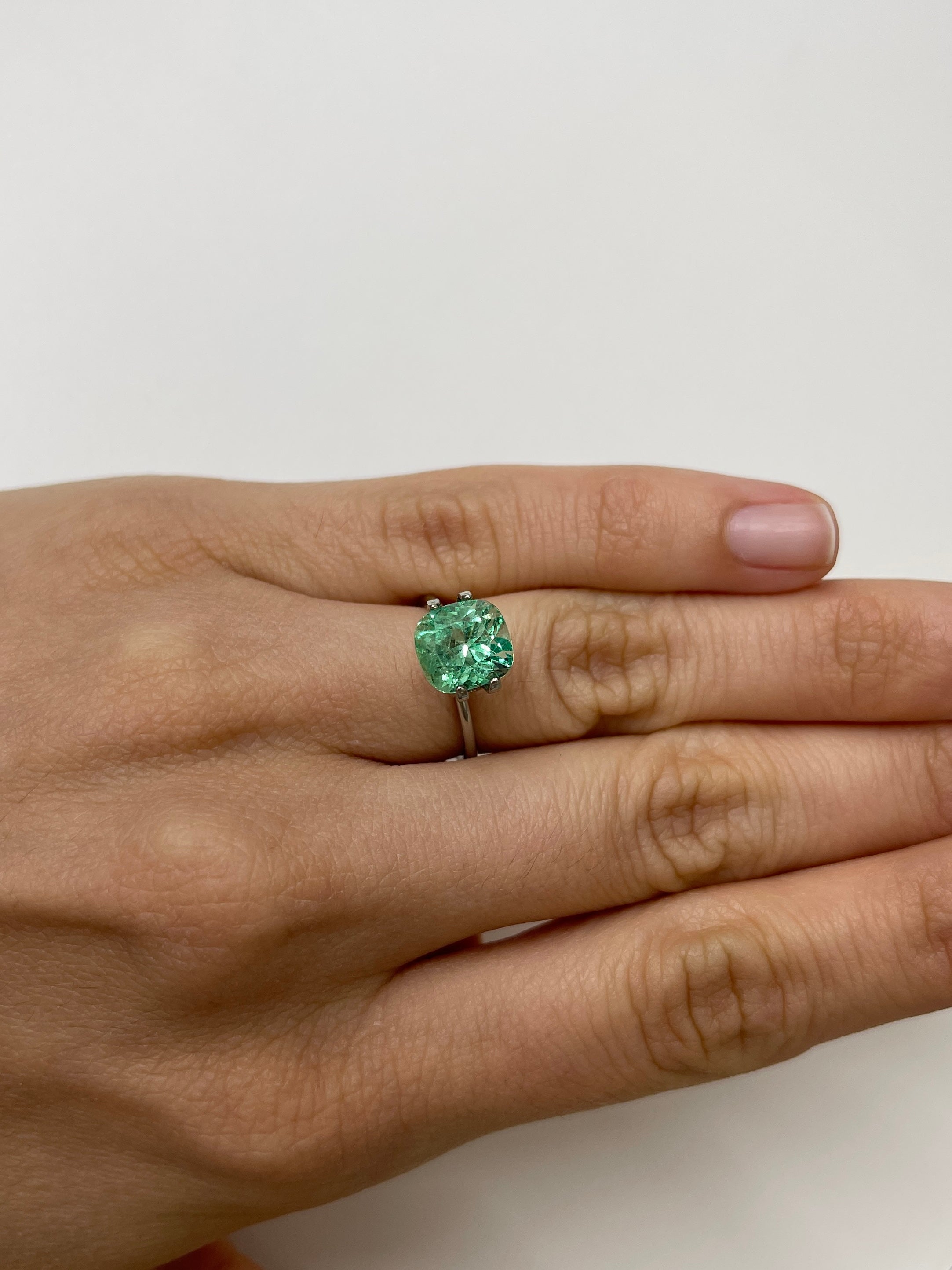 3.42 Carat Lustrous Light Yellowish Green Natural Loose Colombian Emerald-Cushion Cut - JR Colombian Emeralds