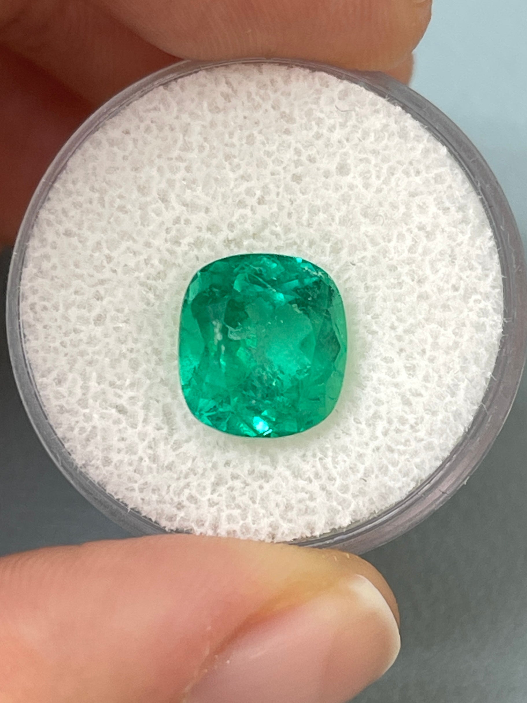 3.99 Carat 10.3 x 9.4 Earthy Bluish Natural Loose Colombian Emerald-Cushion Cut - JR Colombian Emeralds