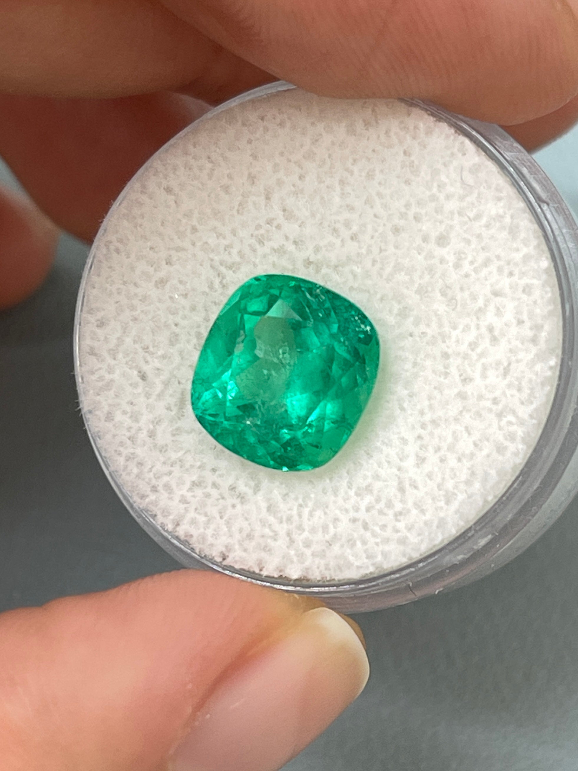 3.99 Carat 10.3 x 9.4 Earthy Bluish Natural Loose Colombian Emerald-Cushion Cut - JR Colombian Emeralds