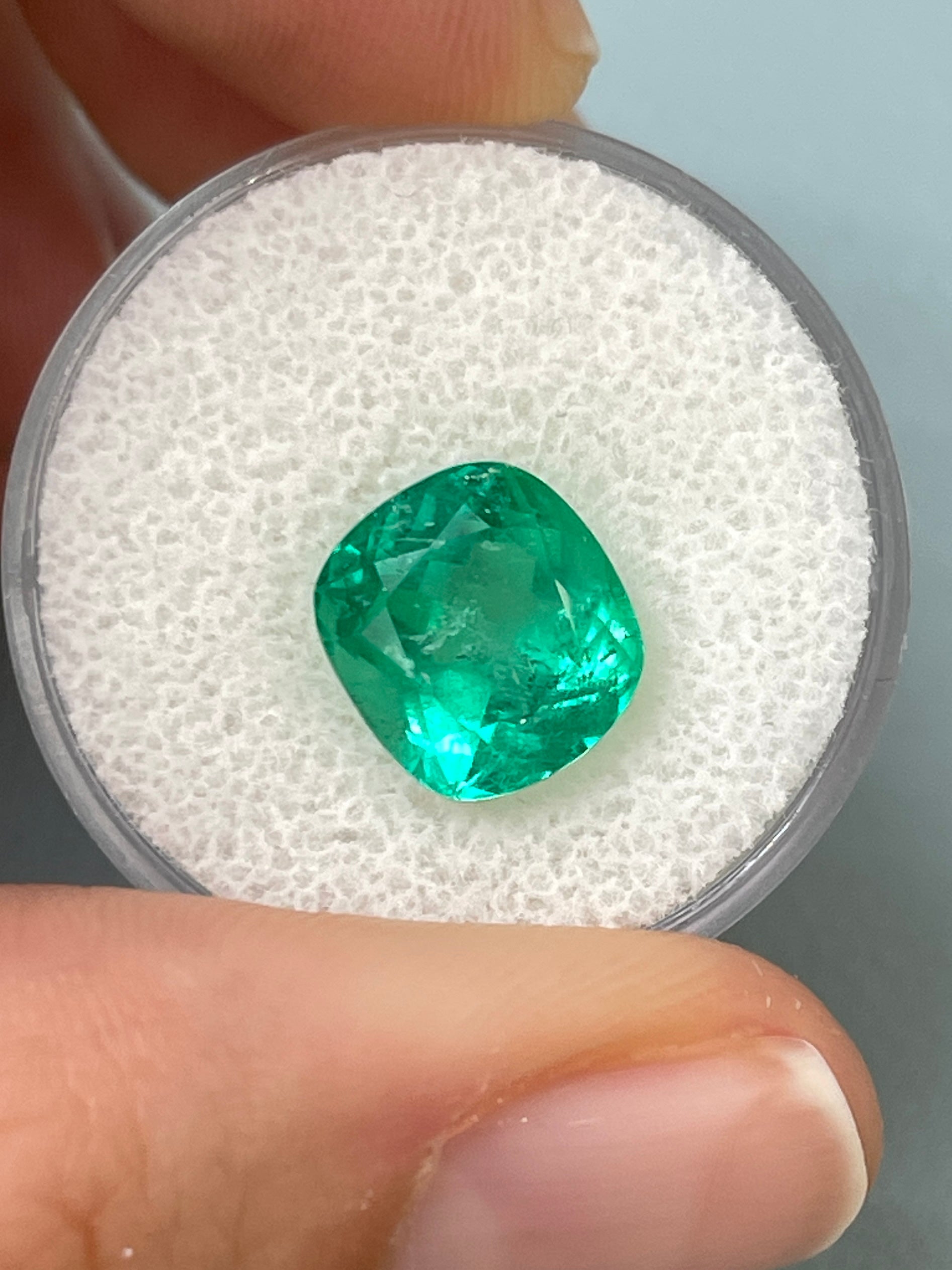 3.99 Carat 10.3 x 9.4 Earthy Bluish Natural Loose Colombian Emerald-Cushion Cut - JR Colombian Emeralds