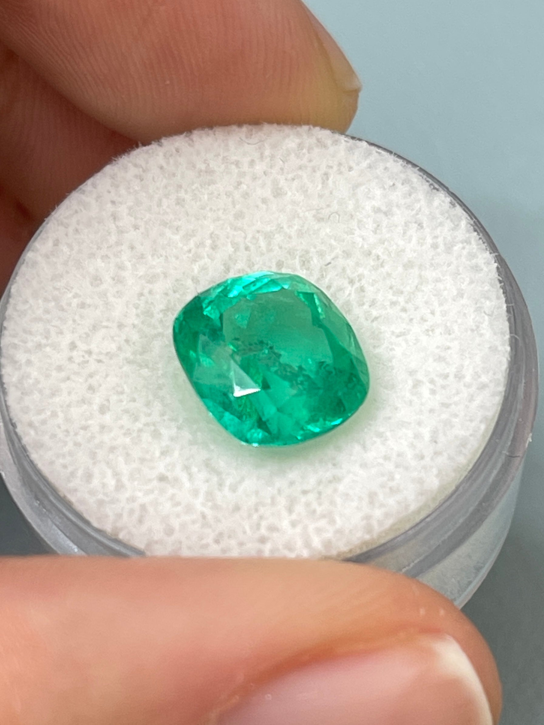 3.99 Carat 10.3 x 9.4 Earthy Bluish Natural Loose Colombian Emerald-Cushion Cut - JR Colombian Emeralds