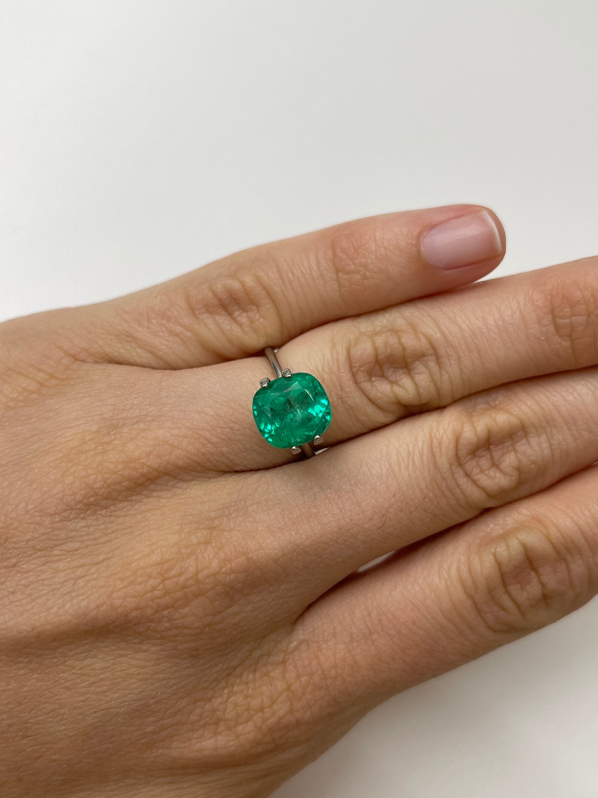 3.99 Carat 10.3 x 9.4 Earthy Bluish Natural Loose Colombian Emerald-Cushion Cut - JR Colombian Emeralds