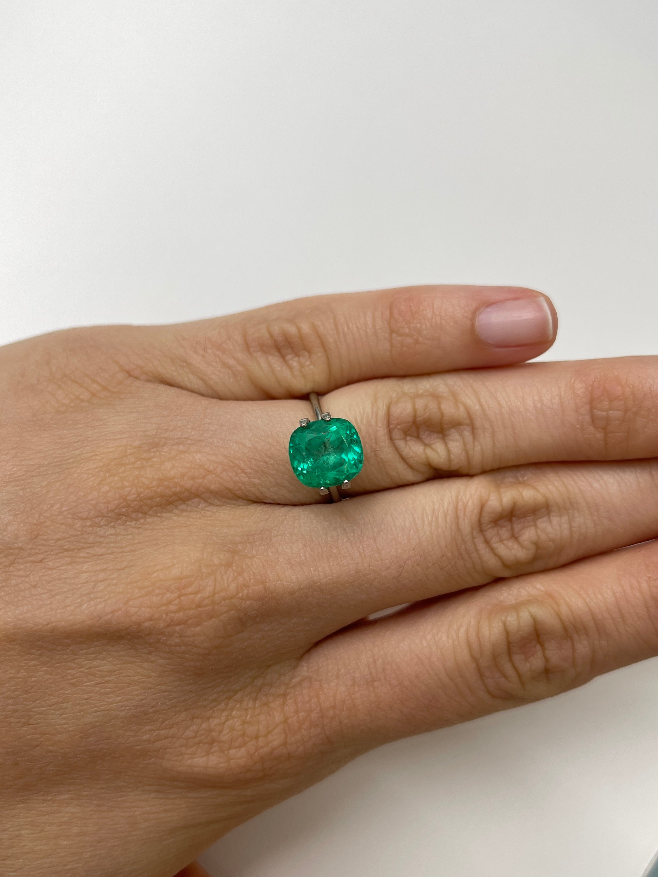 3.99 Carat 10.3 x 9.4 Earthy Bluish Natural Loose Colombian Emerald-Cushion Cut - JR Colombian Emeralds