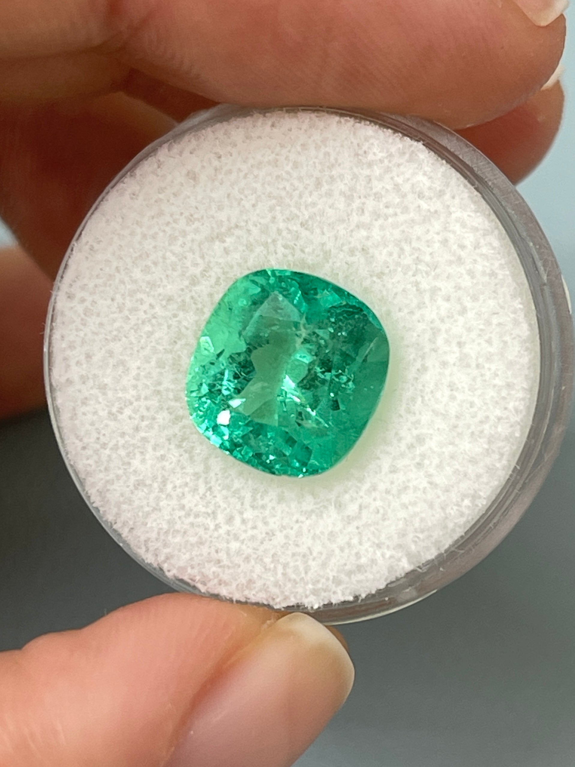 5.20 Carat 11x10.5 Bright Bluish Green Natural Loose Colombian Emerald-Cushion Cut - JR Colombian Emeralds