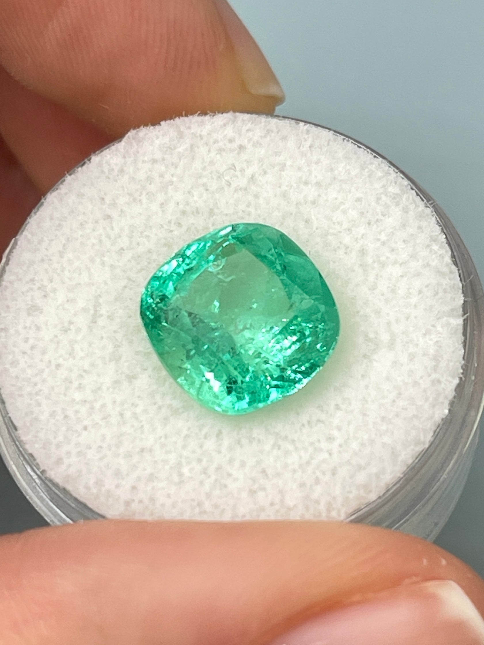 5.20 Carat 11x10.5 Bright Bluish Green Natural Loose Colombian Emerald-Cushion Cut - JR Colombian Emeralds