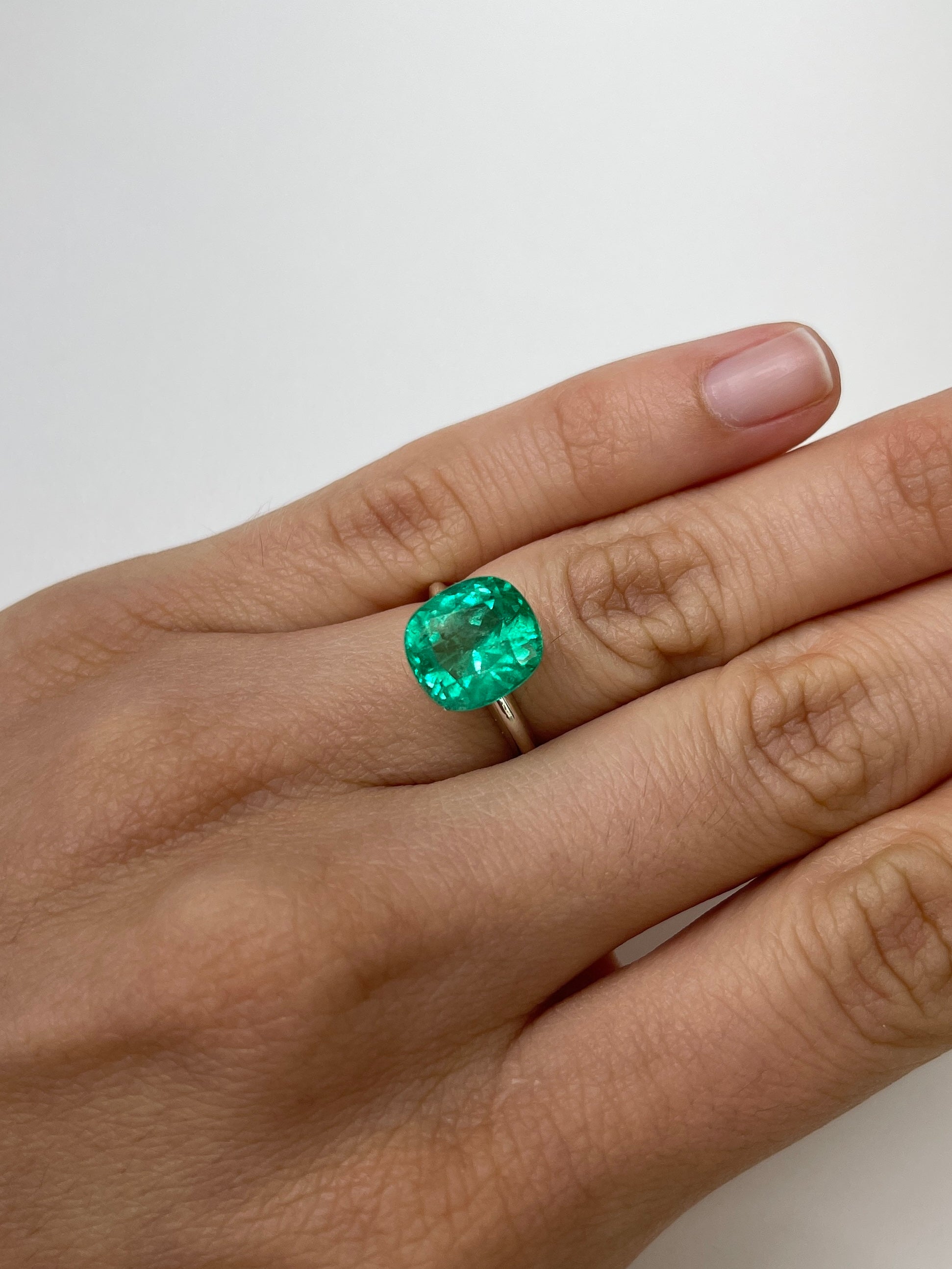 5.72 Carat 11.2x10 Vivid Bluish Green Natural Loose Colombian Emerald-Cushion Cut - JR Colombian Emeralds