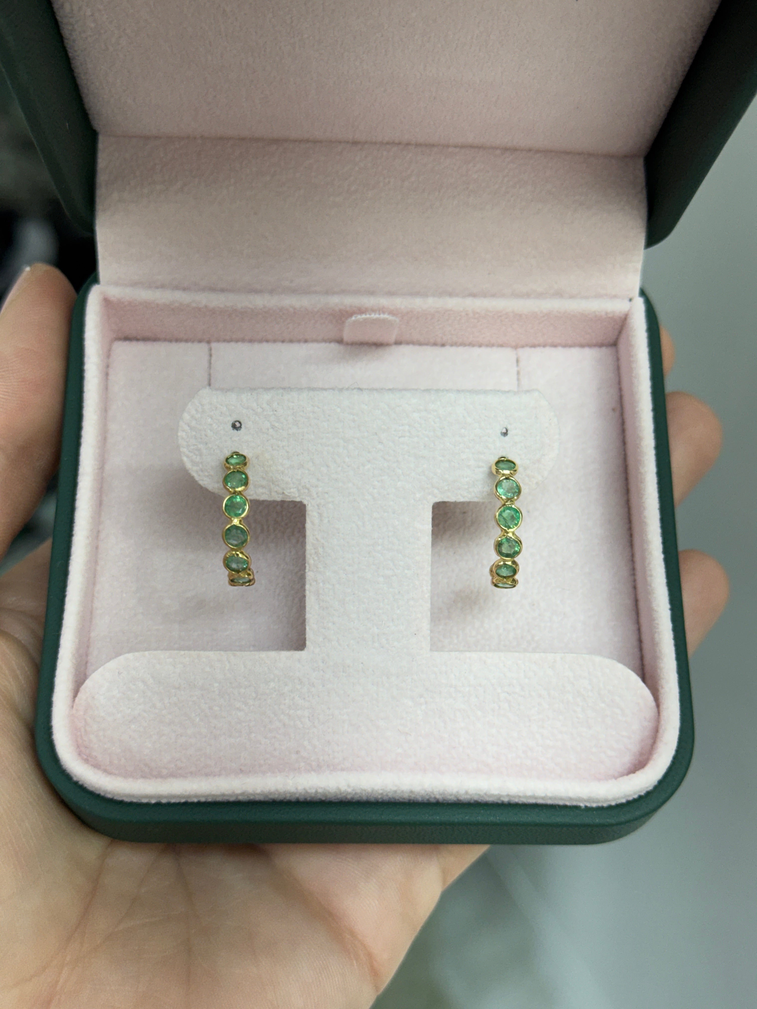 1.95tcw 18K Natural Round Emerald Half Hoop Bezel Earring