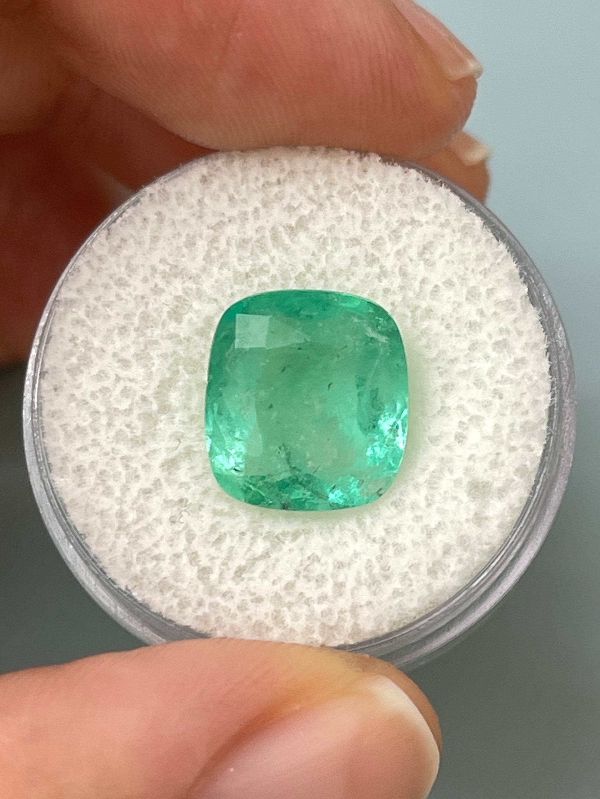 5.86 Carat 11.5x10.5 Earthy Pastel Green Natural Loose Colombian Emerald-Cushion Cut - JR Colombian Emeralds