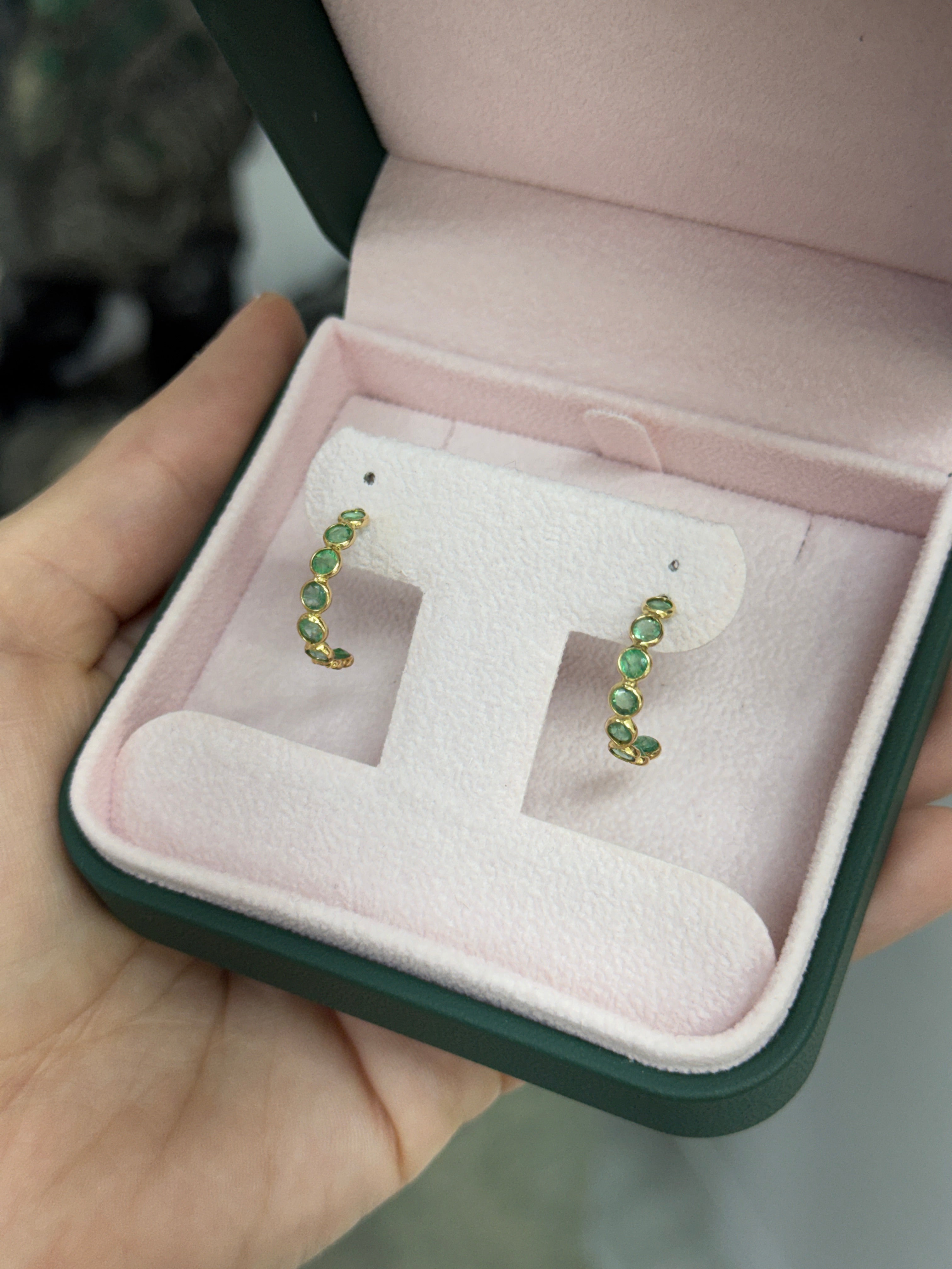 1.95tcw 18K Natural Round Emerald Half Hoop Bezel Earring