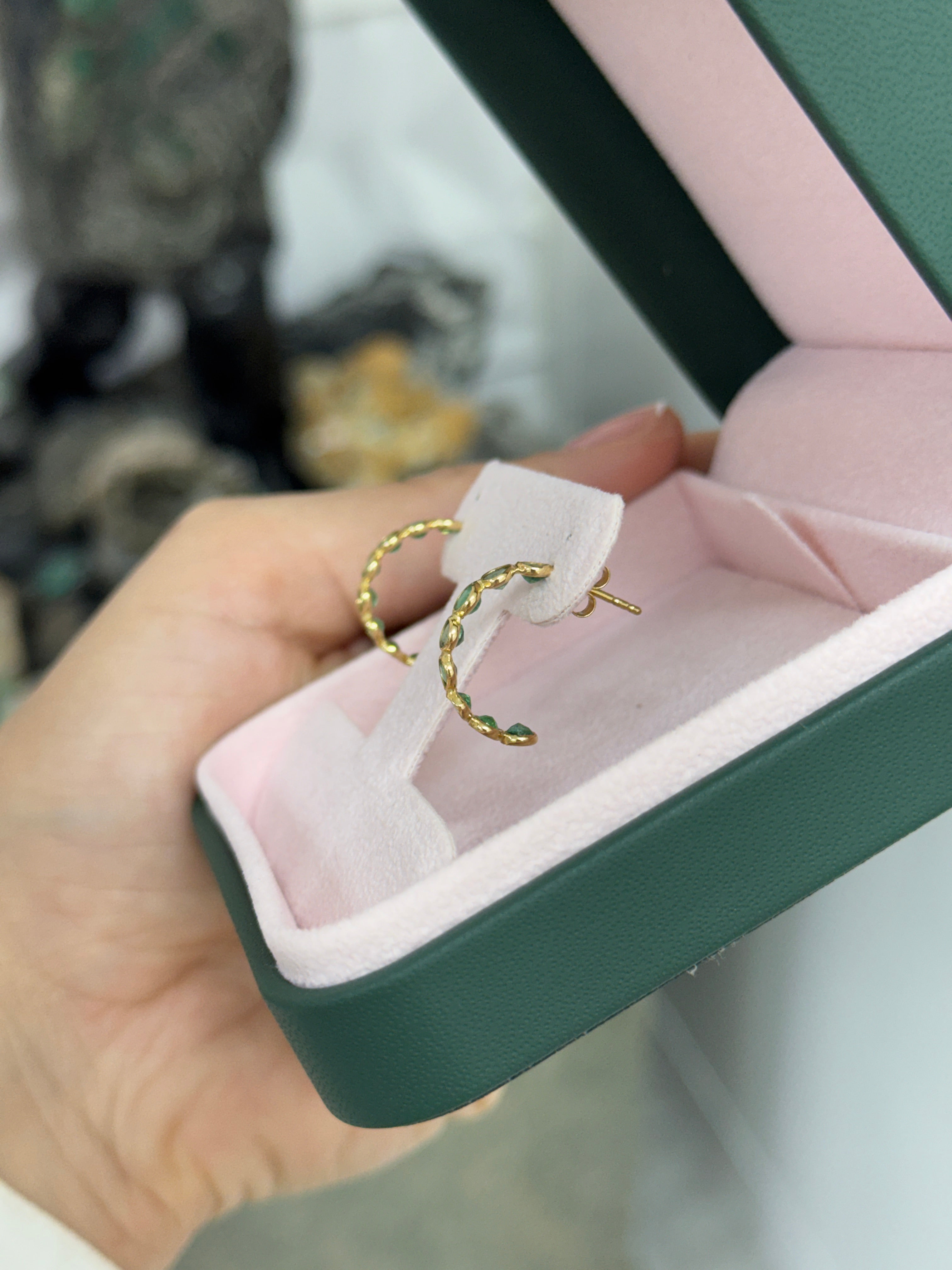 1.95tcw 18K Natural Round Emerald Half Hoop Bezel Earring