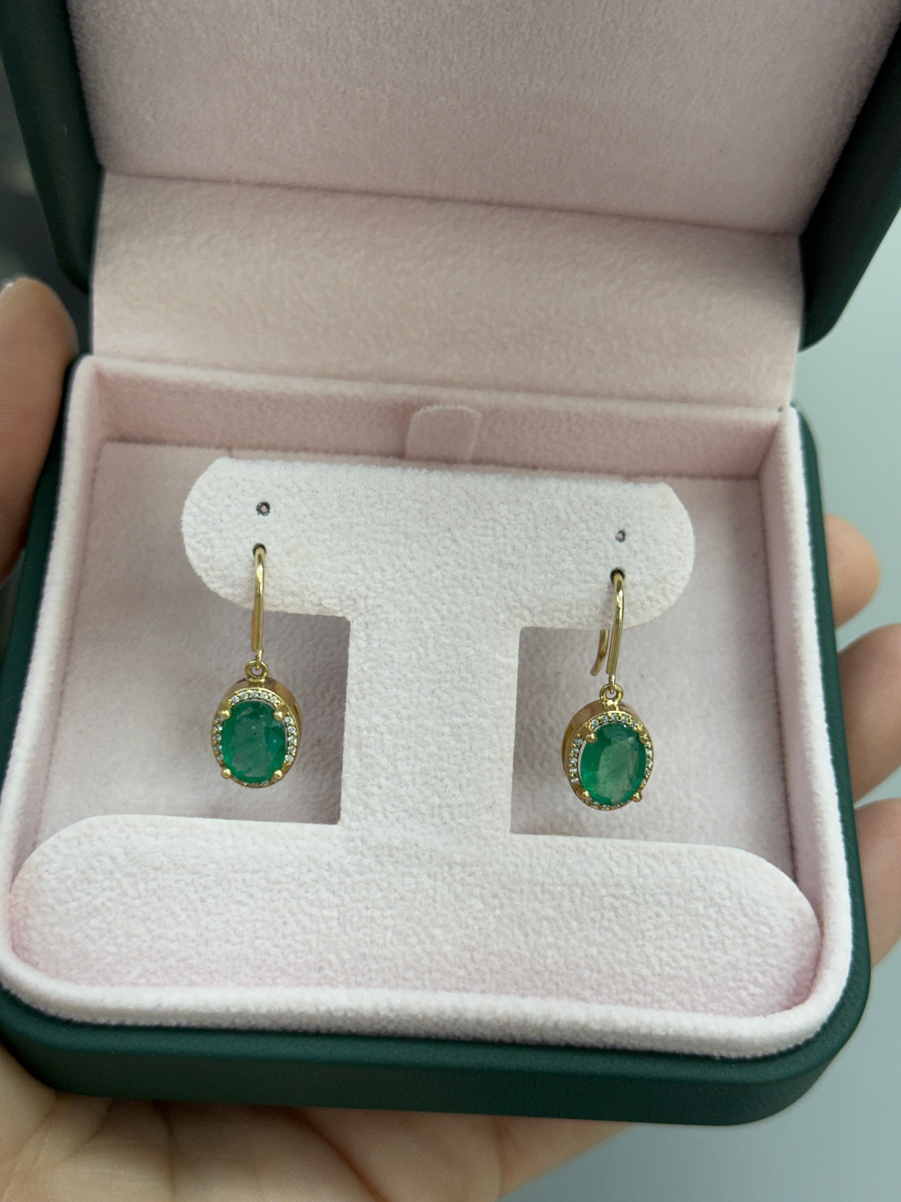 2.90tcw 14K Natural Oval Emerald & Diamond Bishop Hook Earrings