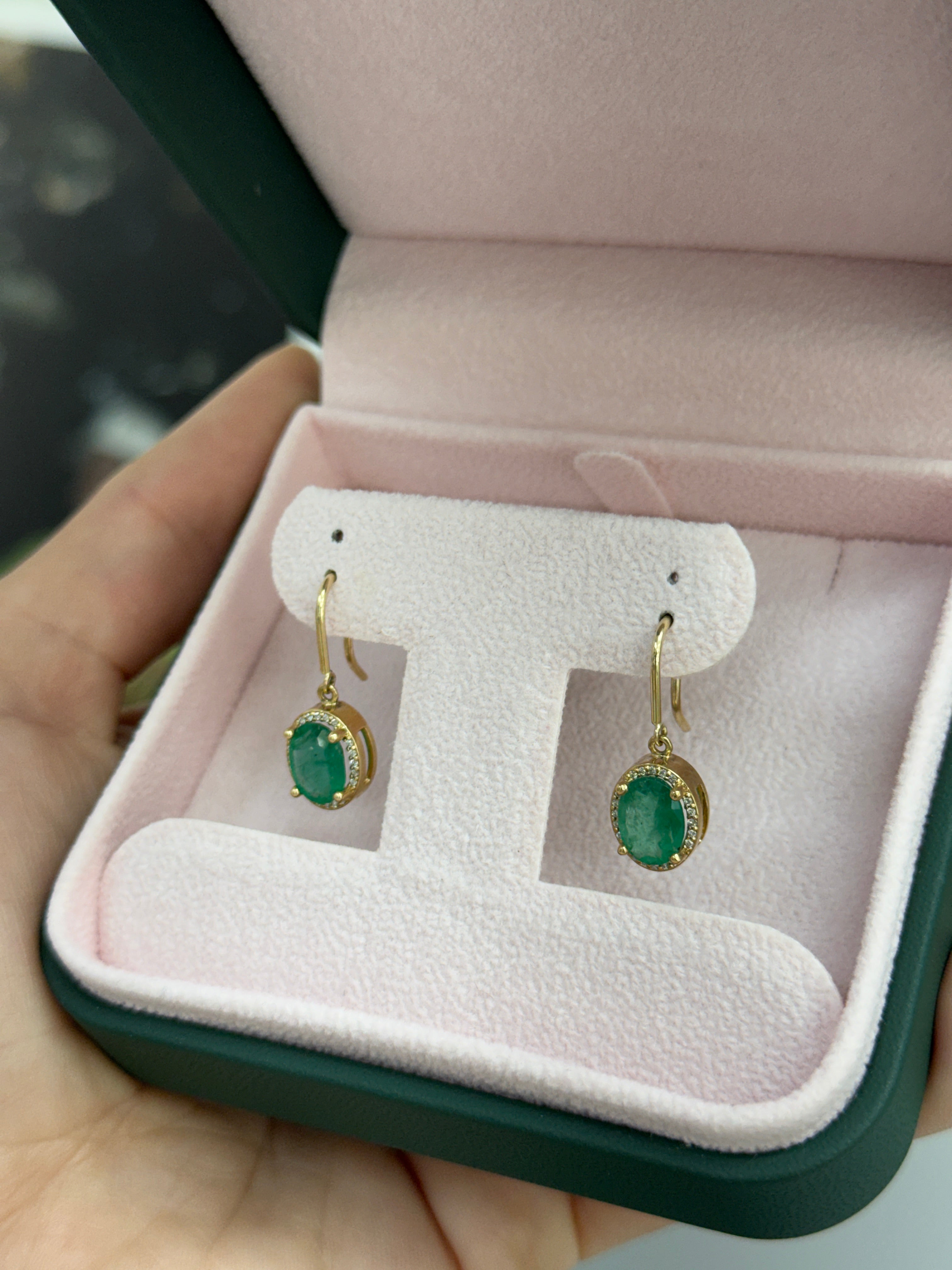 2.90tcw 14K Natural Oval Emerald & Diamond Bishop Hook Earrings