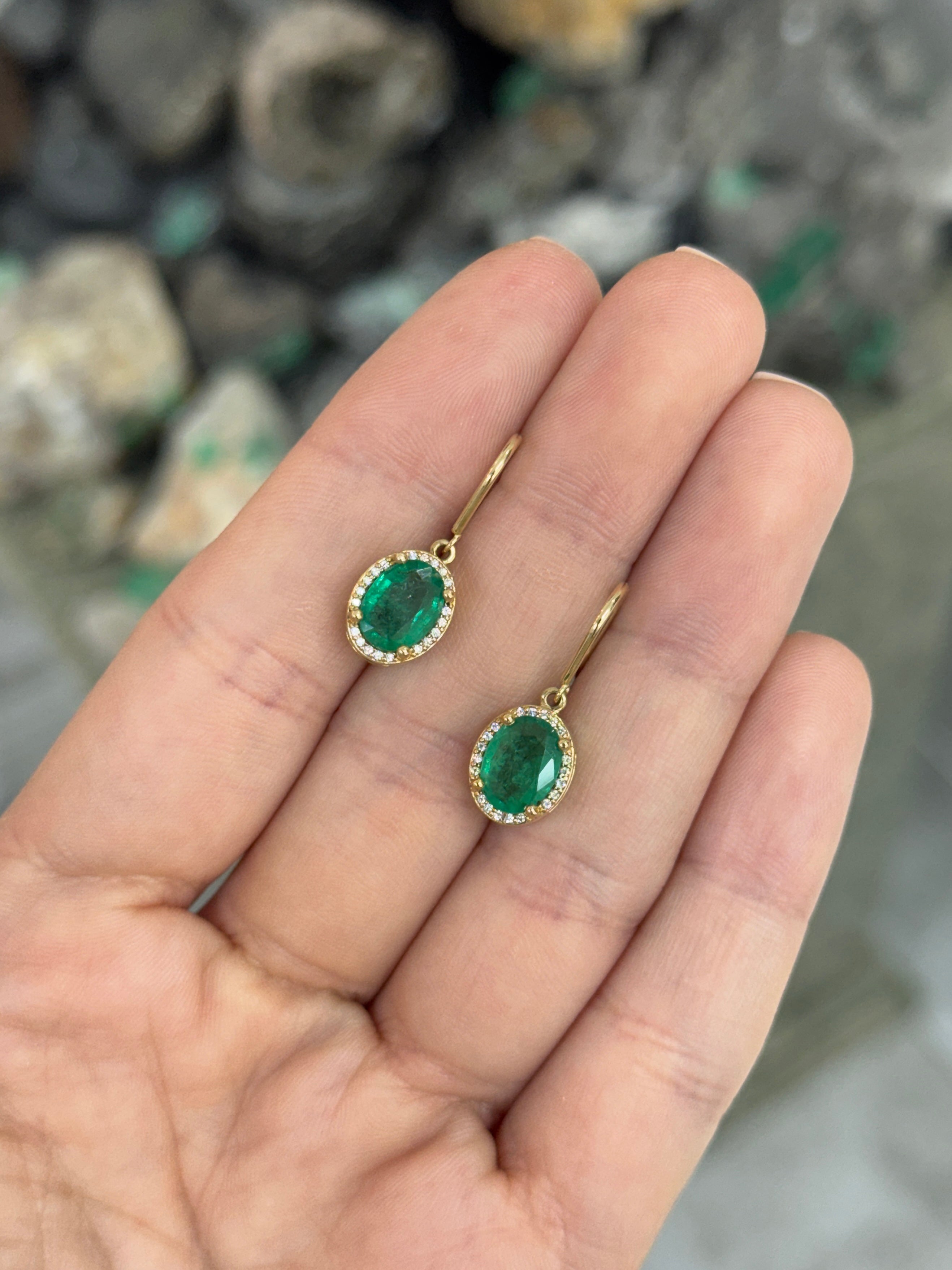 2.90tcw 14K Natural Oval Emerald & Diamond Bishop Hook Earrings