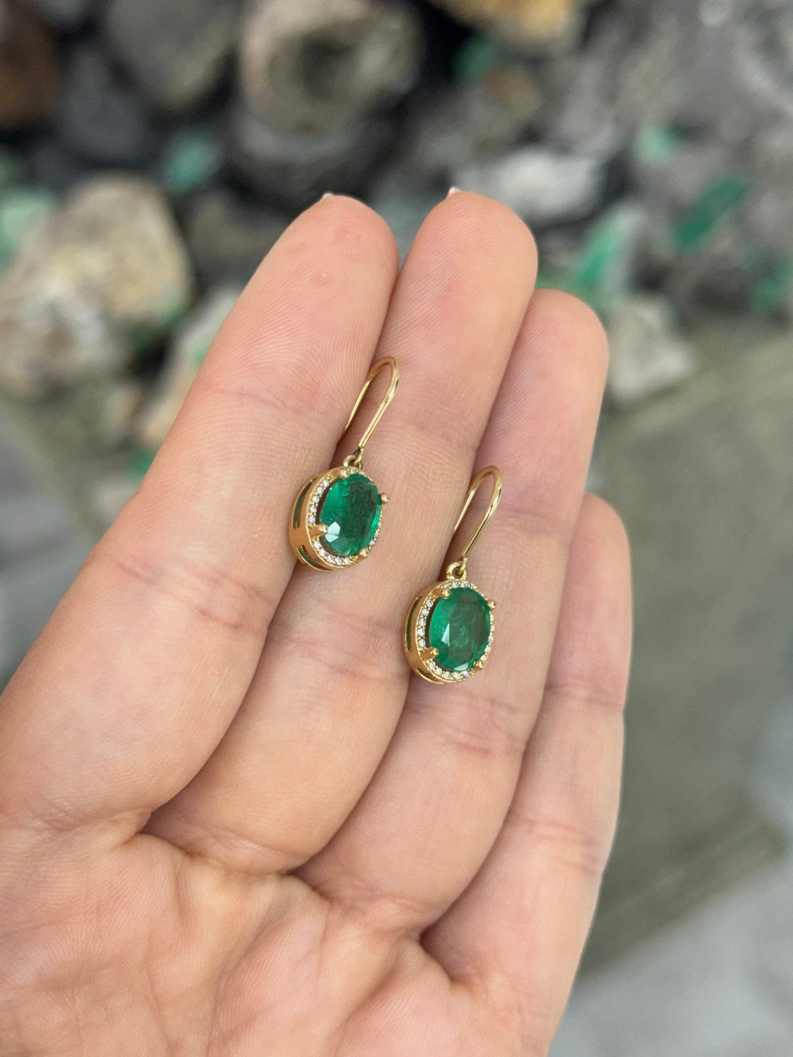 2.90tcw 14K Natural Oval Emerald & Diamond Bishop Hook Earrings