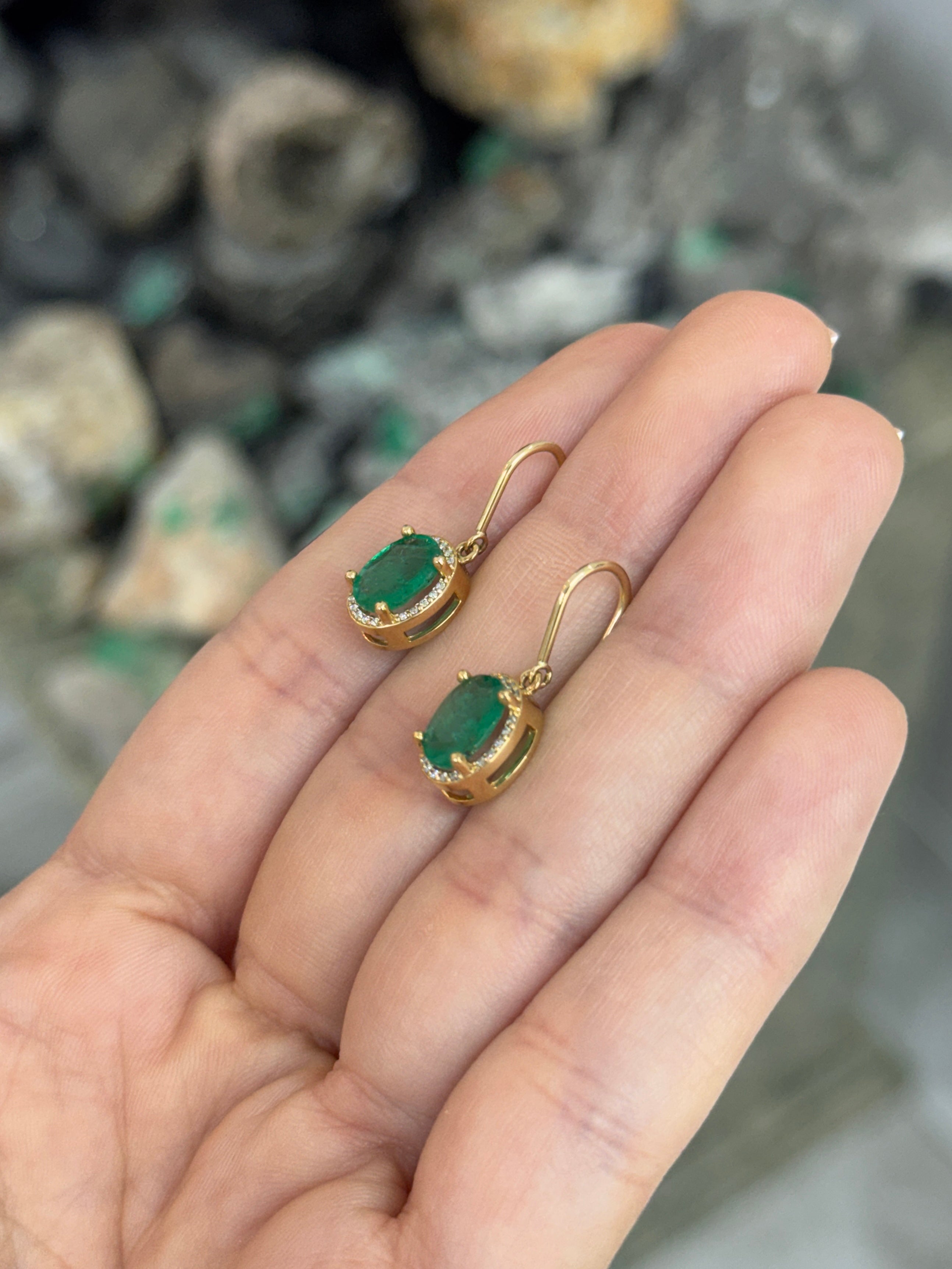 2.90tcw 14K Natural Oval Emerald & Diamond Bishop Hook Earrings
