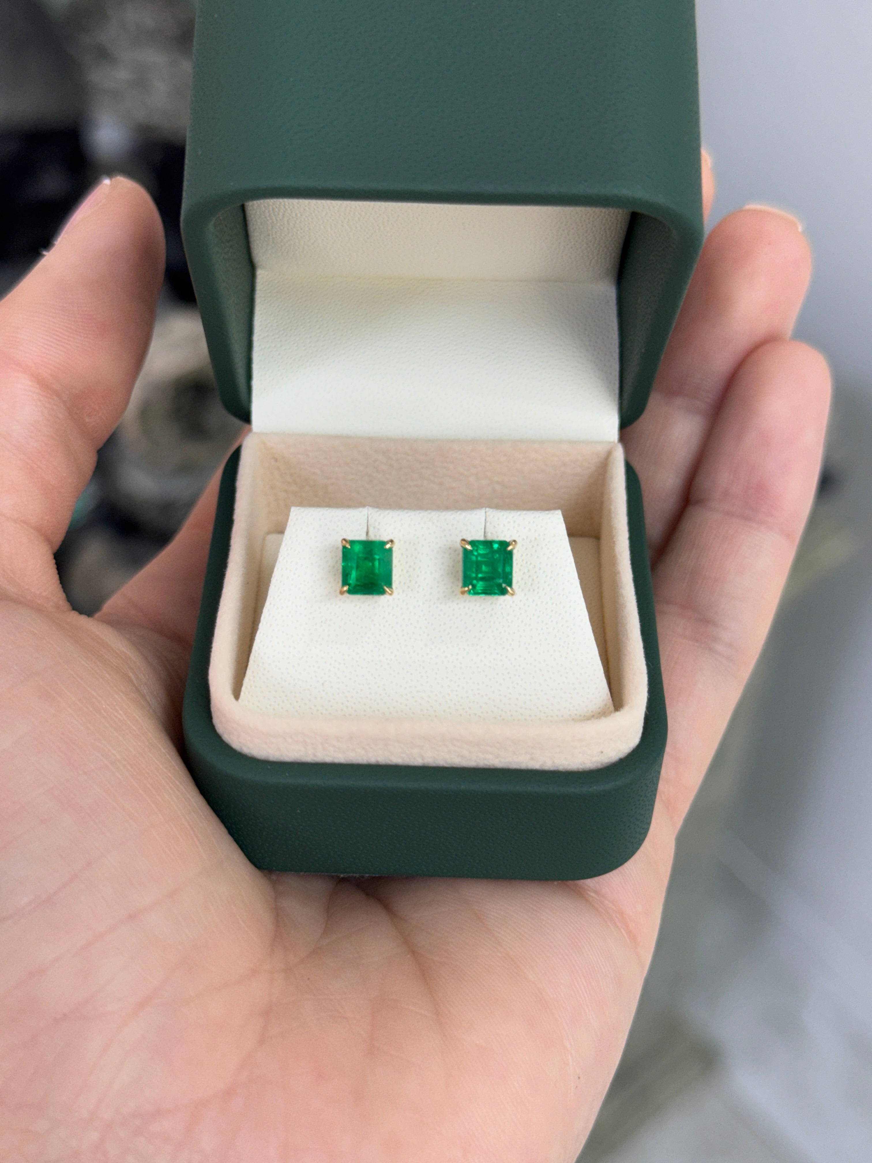 2.02tcw 5.5mm AAA+ Asscher Cut Colombian Emerald Studs 18K