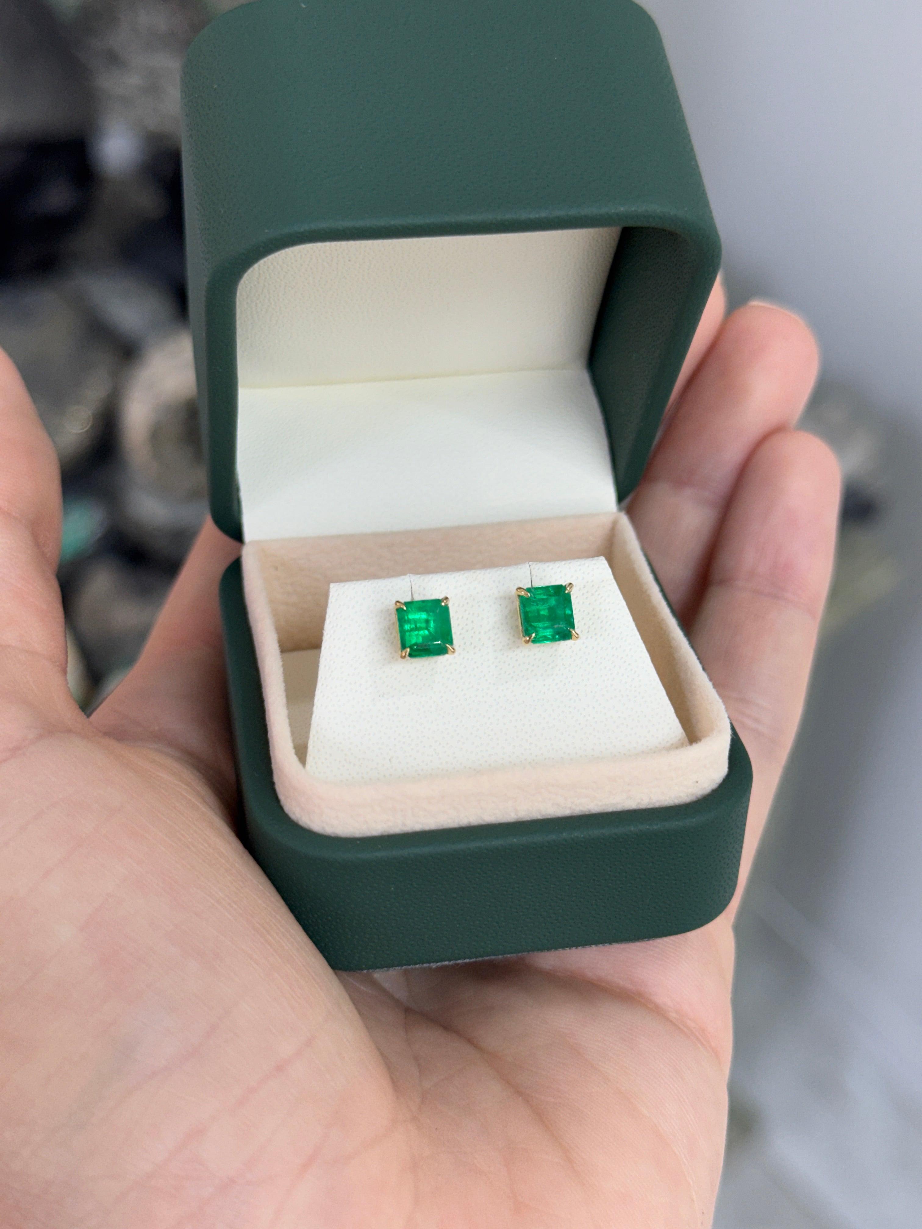 2.02tcw 5.5mm AAA+ Asscher Cut Colombian Emerald Studs 18K