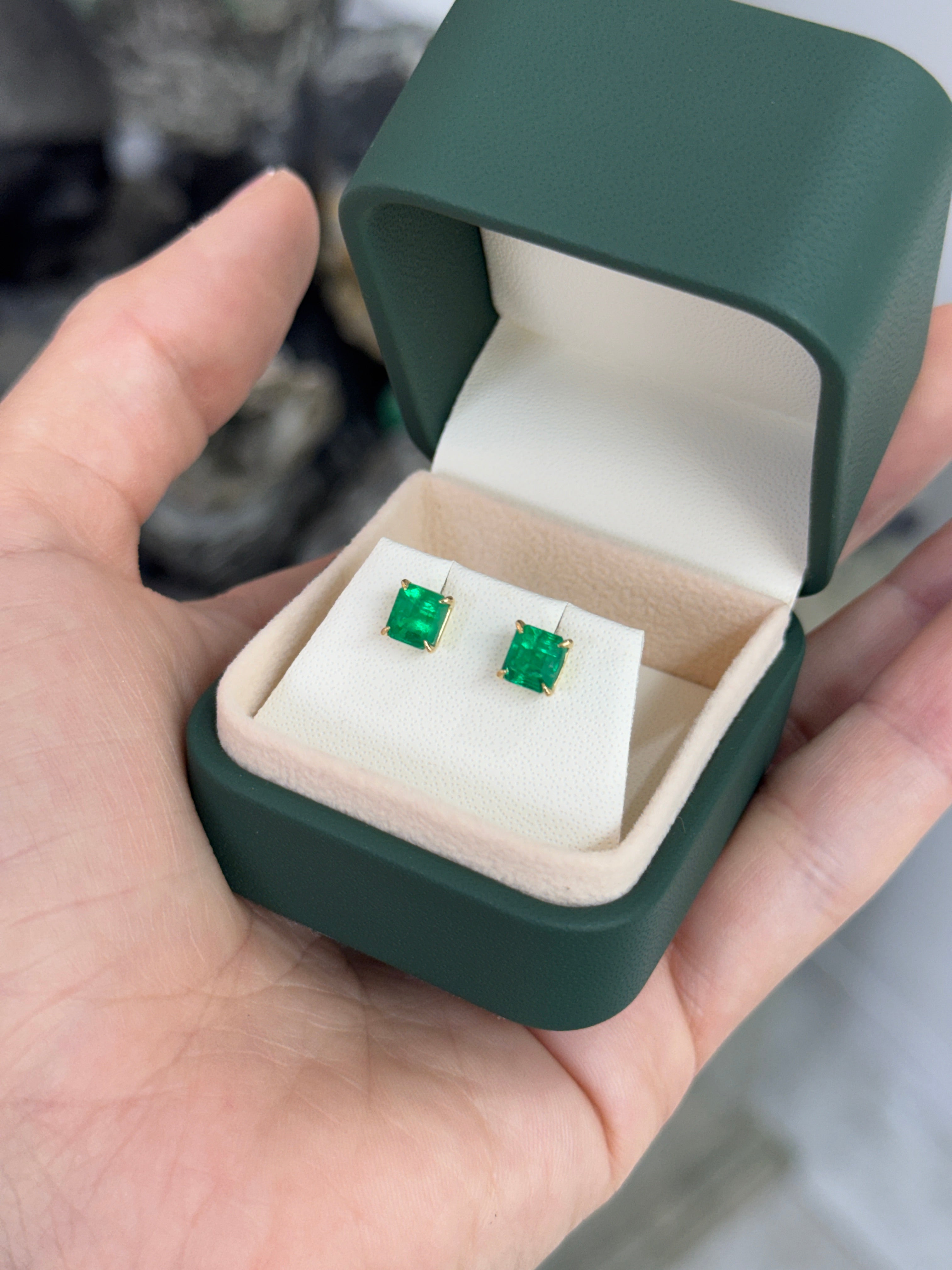 2.02tcw 5.5mm AAA+ Asscher Cut Colombian Emerald Studs 18K