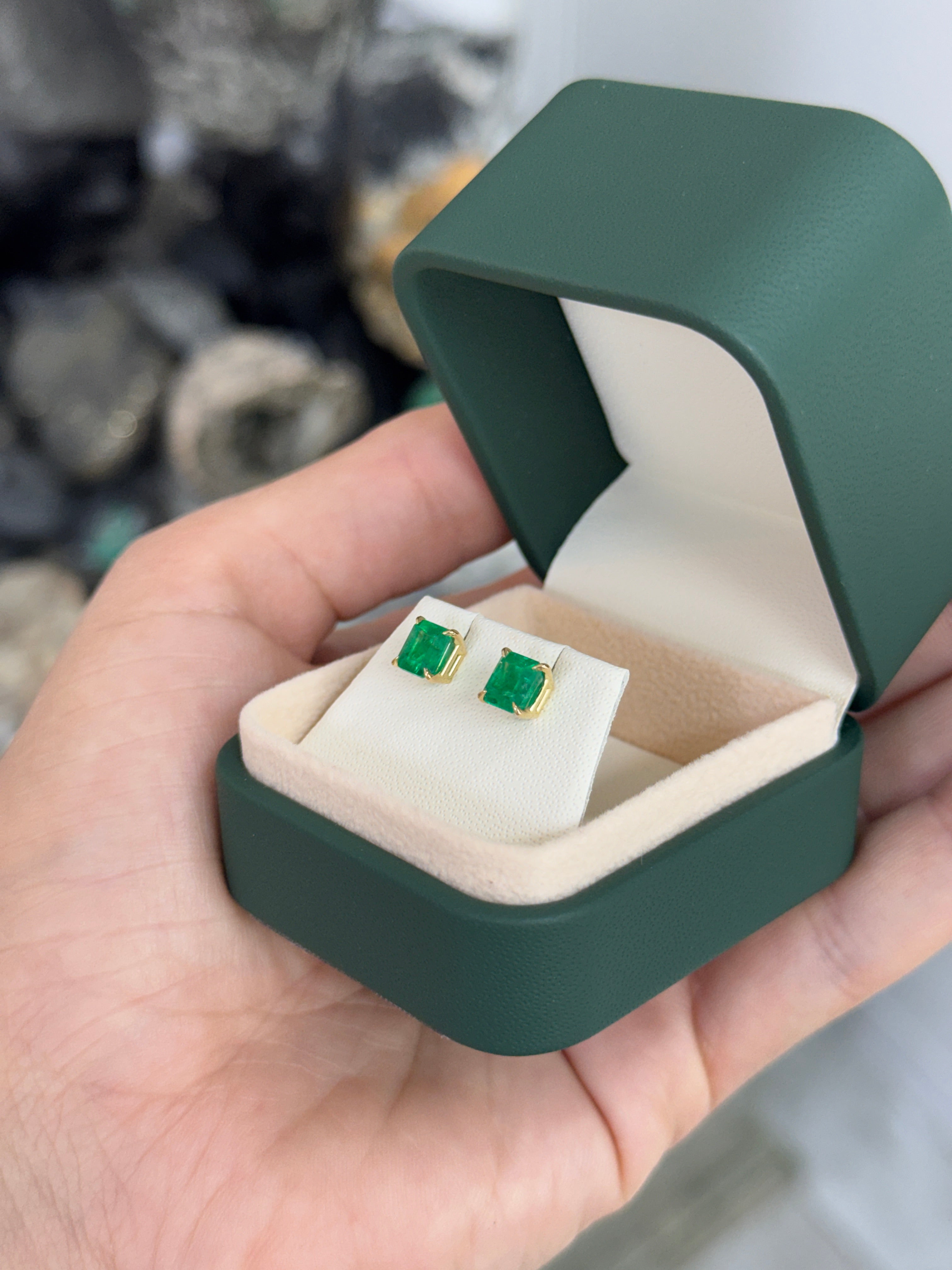 2.02tcw 5.5mm AAA+ Asscher Cut Colombian Emerald Studs 18K