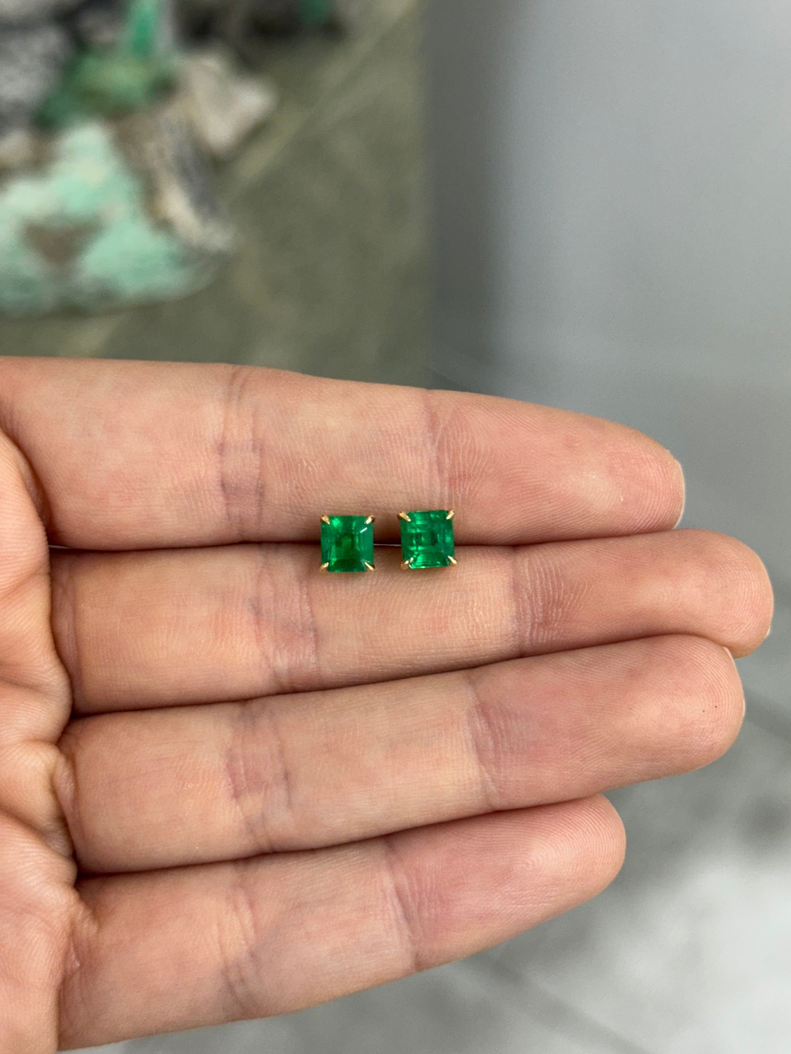 2.02tcw 5.5mm AAA+ Asscher Cut Colombian Emerald Studs 18K
